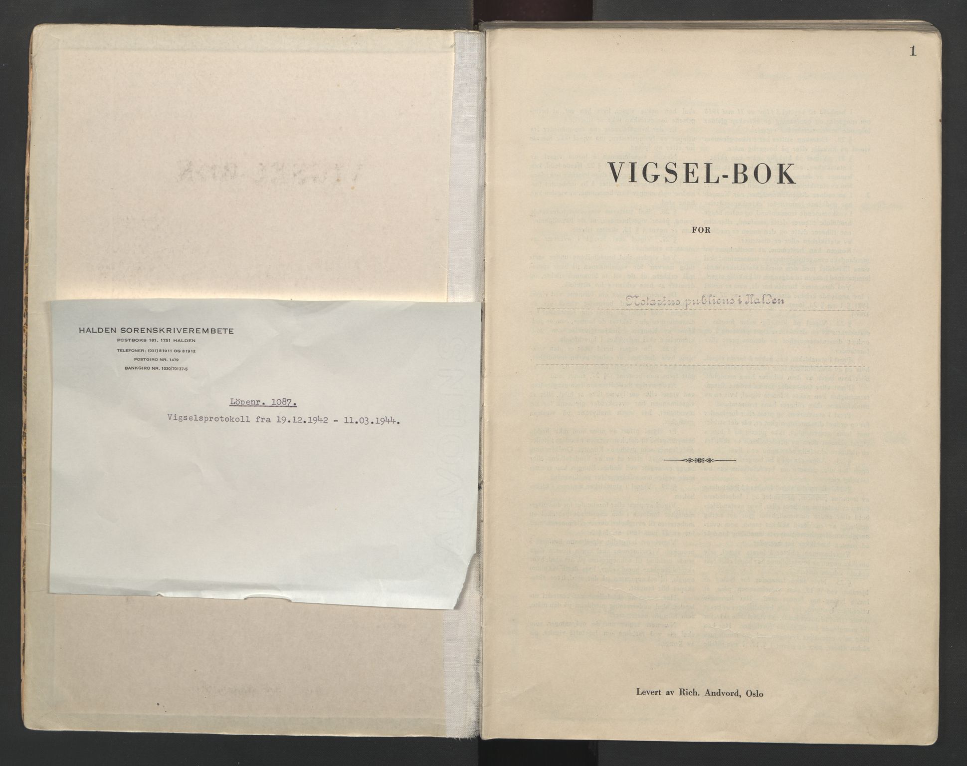 Idd og Marker sorenskriveri, SAO/A-10283/L/Lc/L0001/0002: Vigselsbøker / Vigselsbok, 1942-1944, p. 1