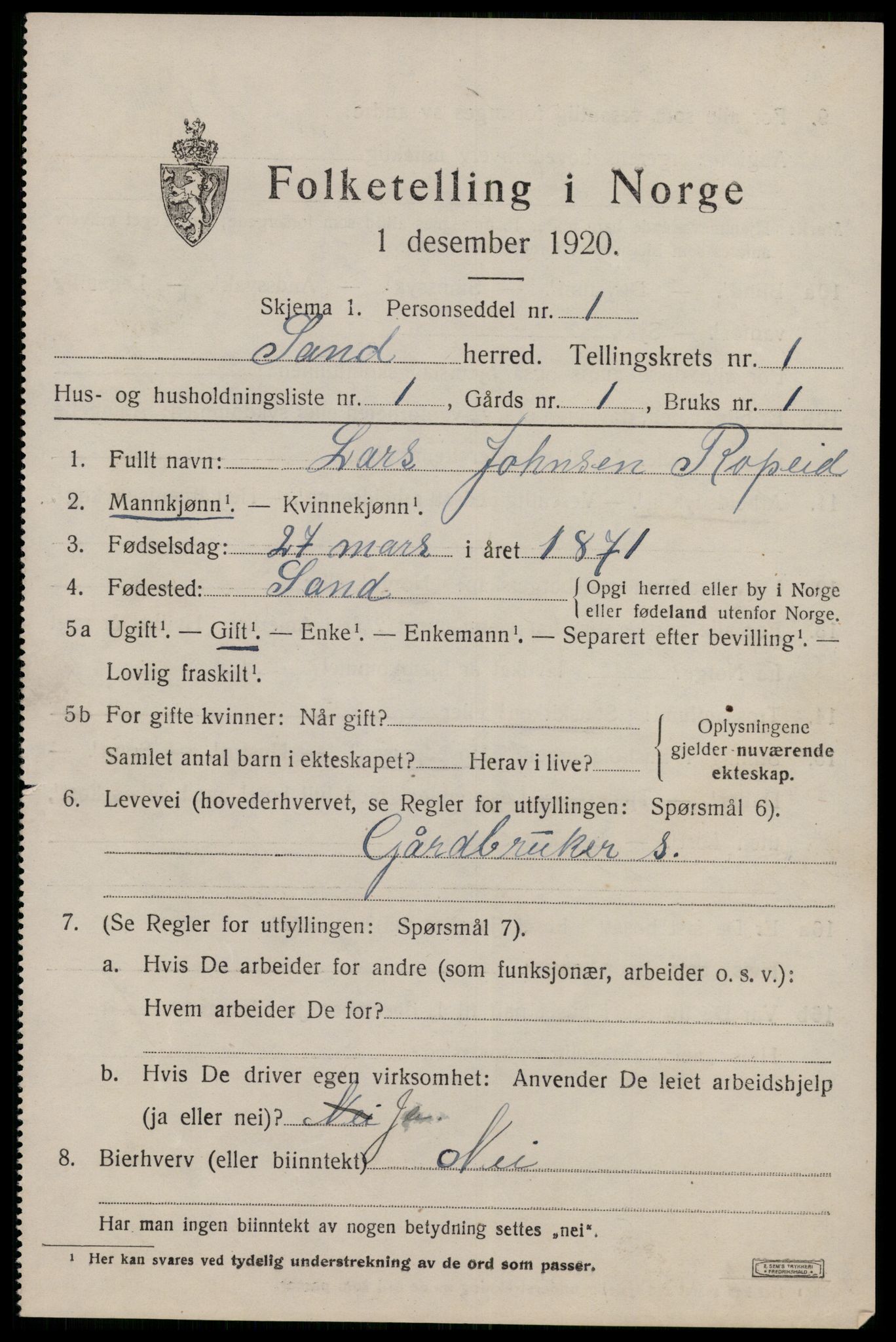 SAST, 1920 census for Sand, 1920, p. 593