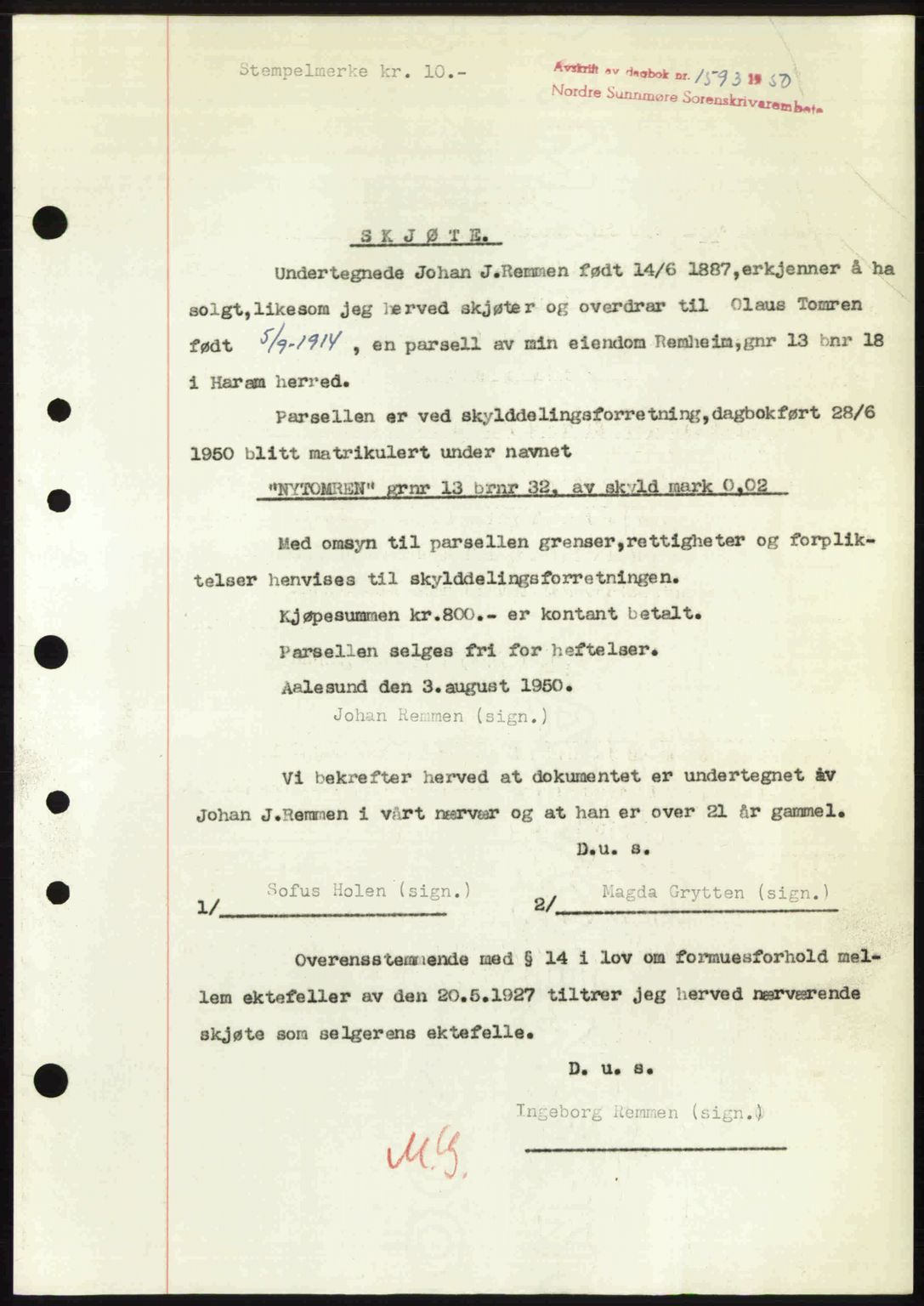 Nordre Sunnmøre sorenskriveri, AV/SAT-A-0006/1/2/2C/2Ca: Mortgage book no. A35, 1950-1950, Diary no: : 1593/1950