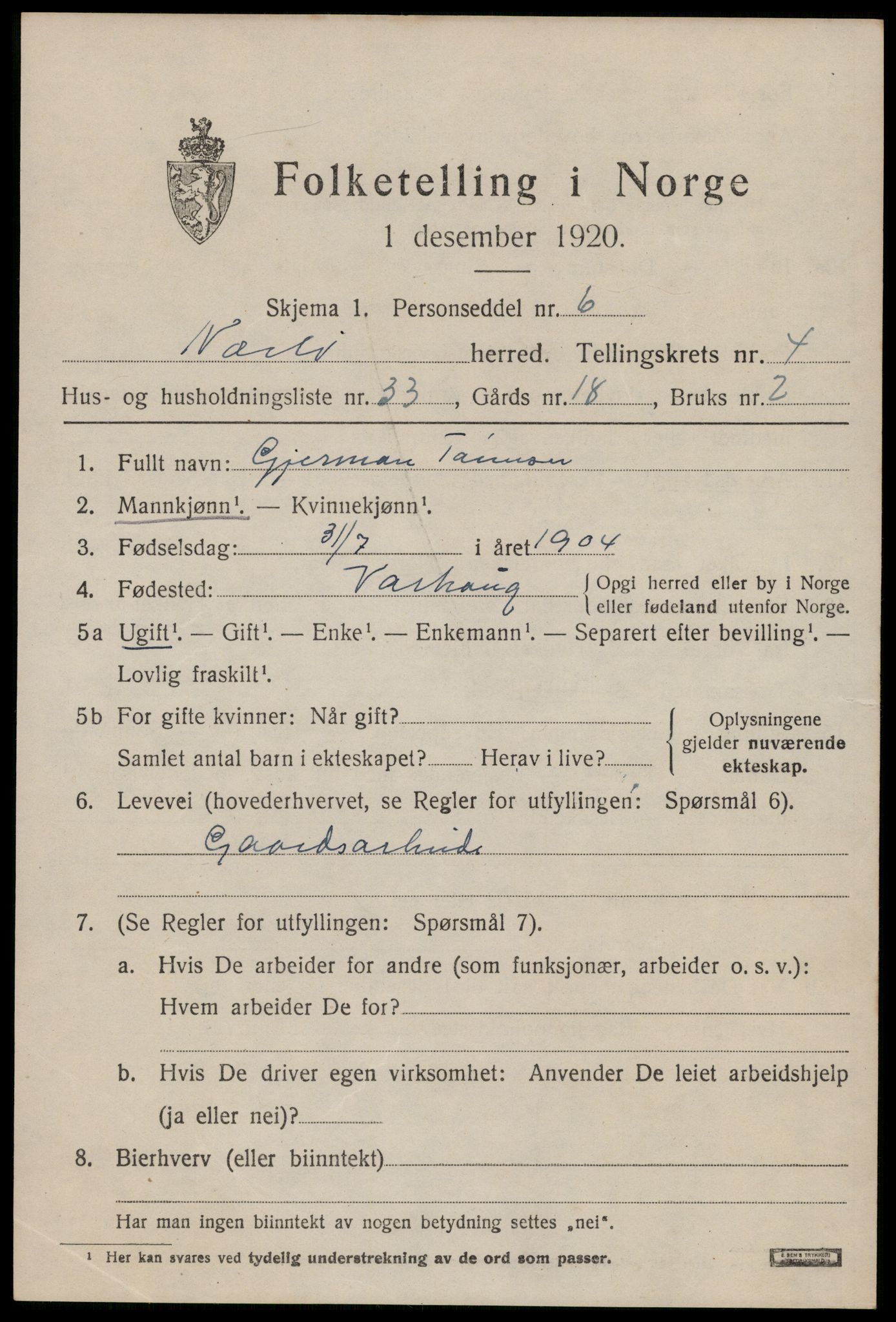 SAST, 1920 census for Nærbø, 1920, p. 3091