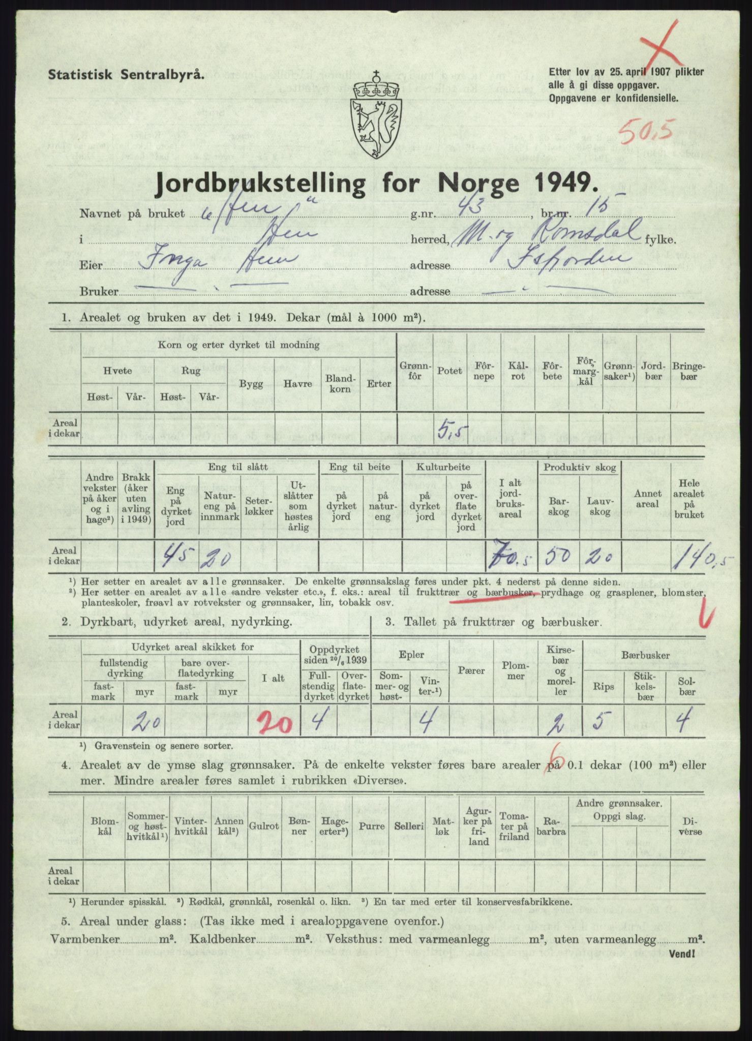 Statistisk sentralbyrå, Næringsøkonomiske emner, Jordbruk, skogbruk, jakt, fiske og fangst, AV/RA-S-2234/G/Gc/L0323: Møre og Romsdal: Grytten og Hen, 1949, p. 815