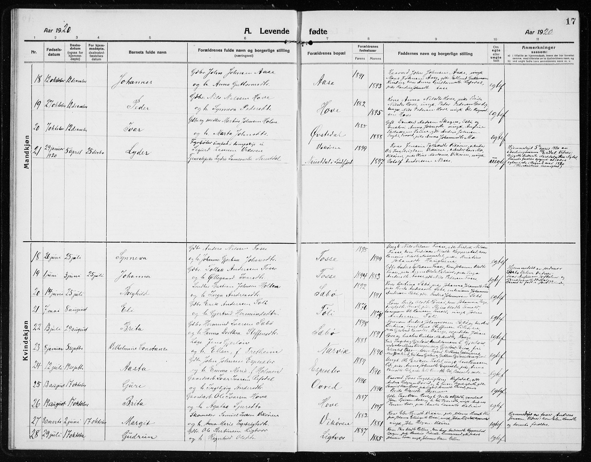 Vik sokneprestembete, AV/SAB-A-81501/H/Hab/Haba/L0005: Parish register (copy) no. A 5, 1915-1935, p. 17