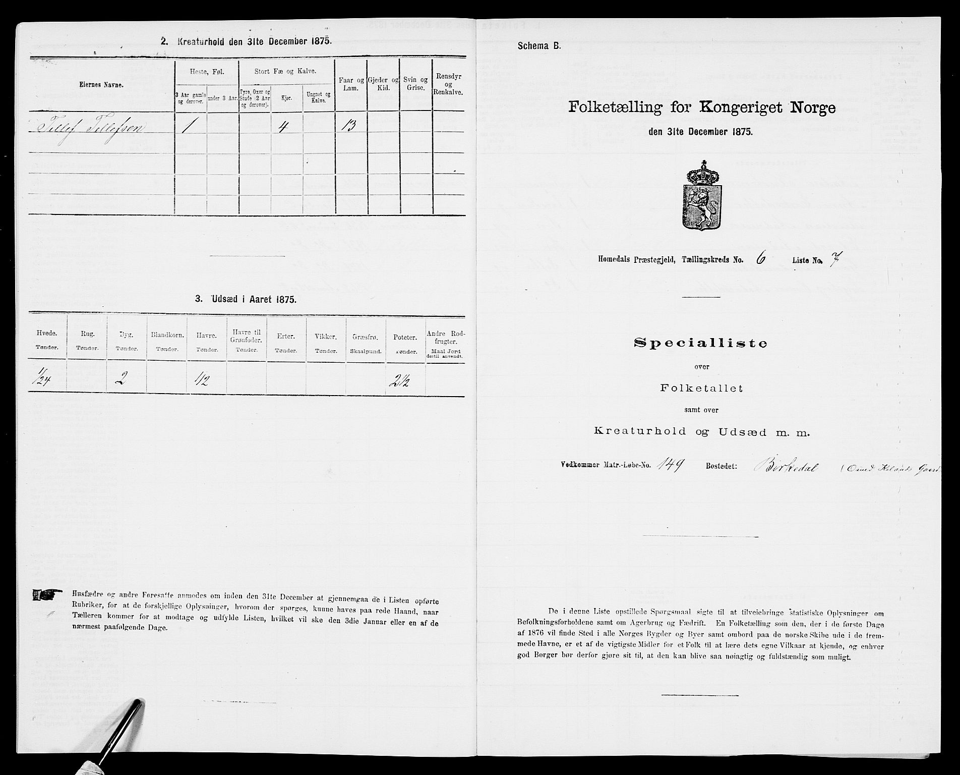 SAK, 1875 census for 0924P Homedal, 1875, p. 1050