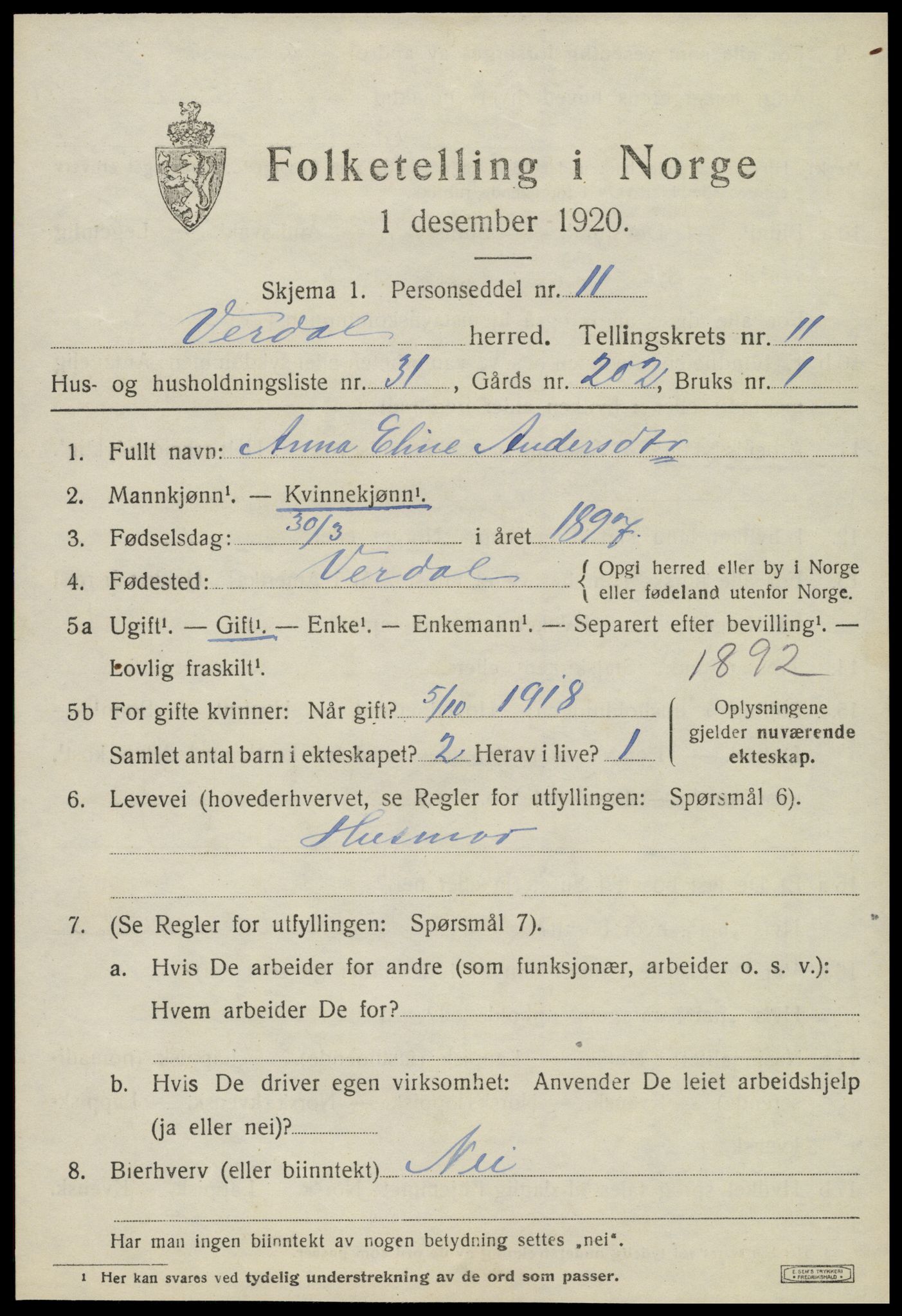 SAT, 1920 census for Verdal, 1920, p. 13257