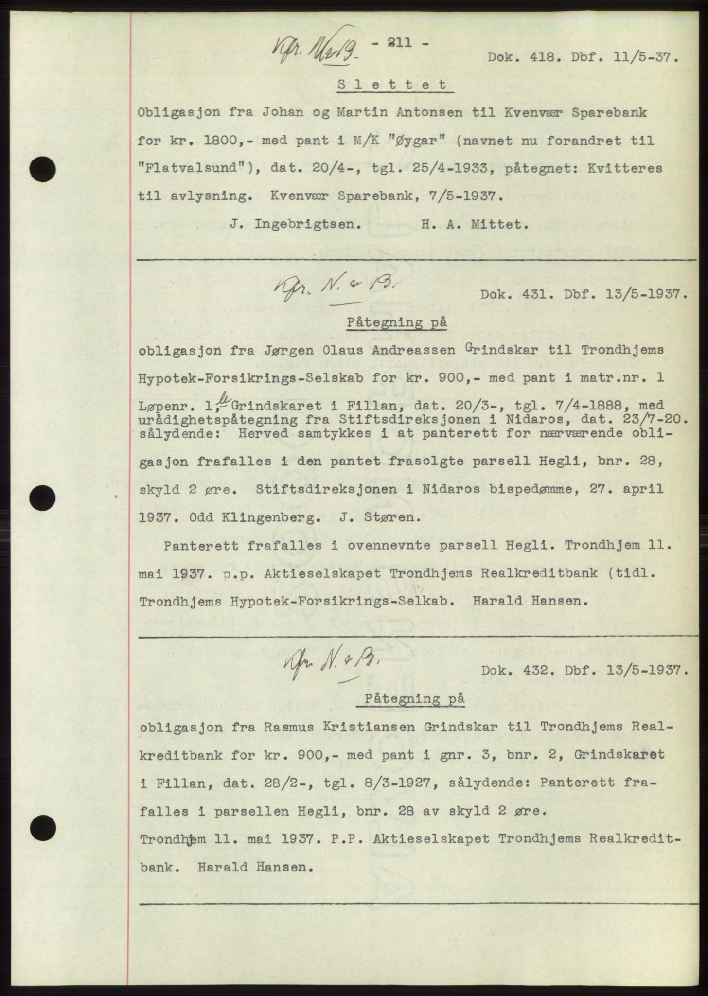 Hitra sorenskriveri, AV/SAT-A-0018/2/2C/2Ca: Mortgage book no. C1, 1936-1945, Diary no: : 418/1937