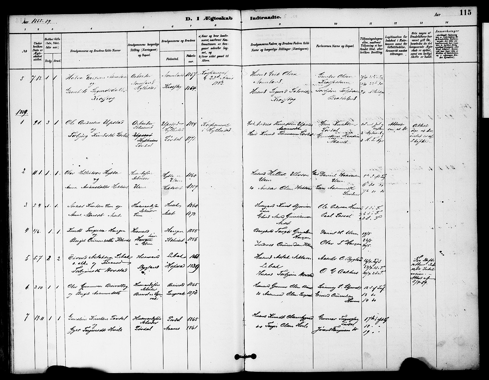 Bygland sokneprestkontor, AV/SAK-1111-0006/F/Fa/Fab/L0007: Parish register (official) no. A 7, 1885-1909, p. 115