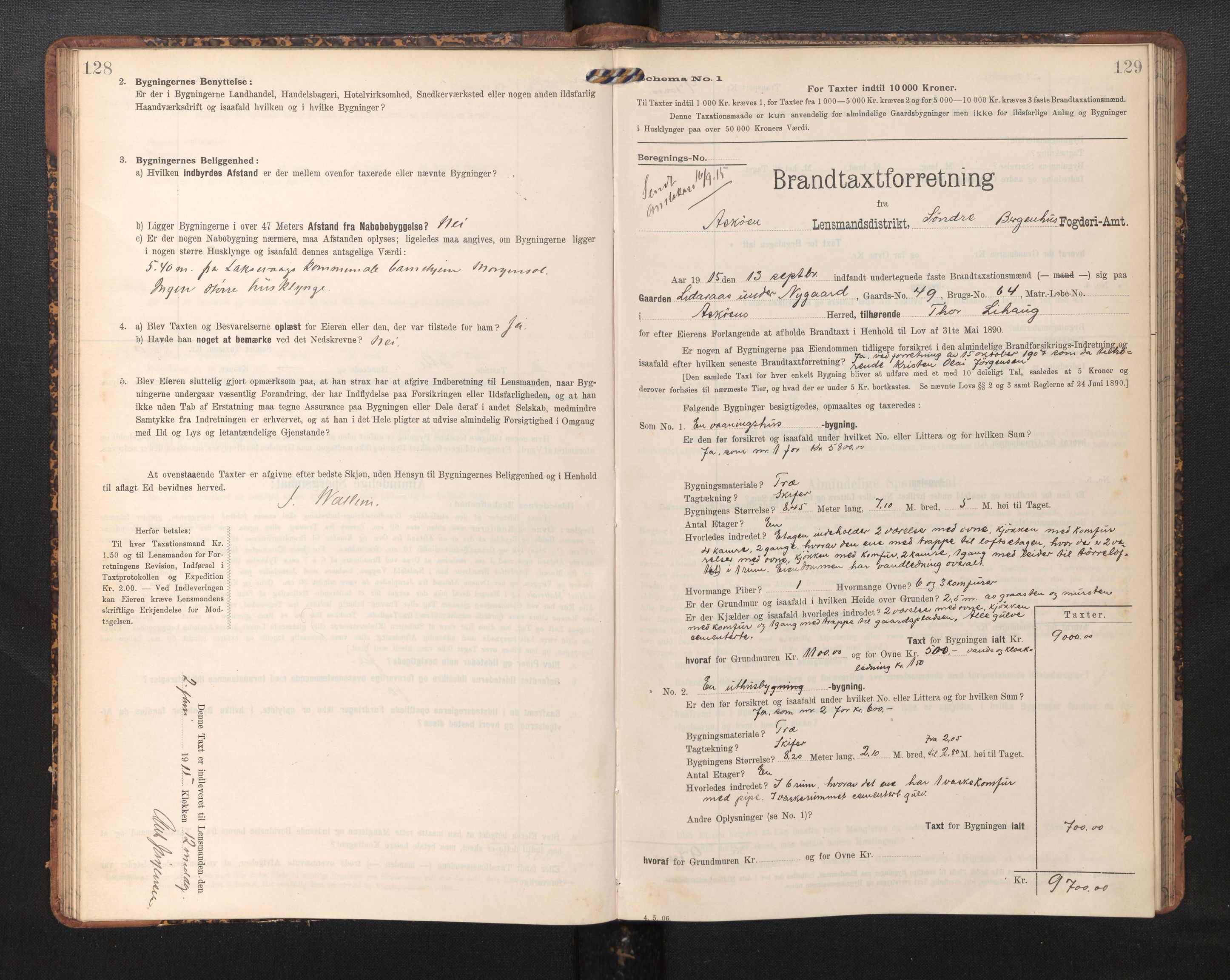 Lensmannen i Askøy, AV/SAB-A-31001/0012/L0006: Branntakstprotokoll, skjematakst, Laksevåg, 1907-1917, p. 128-129