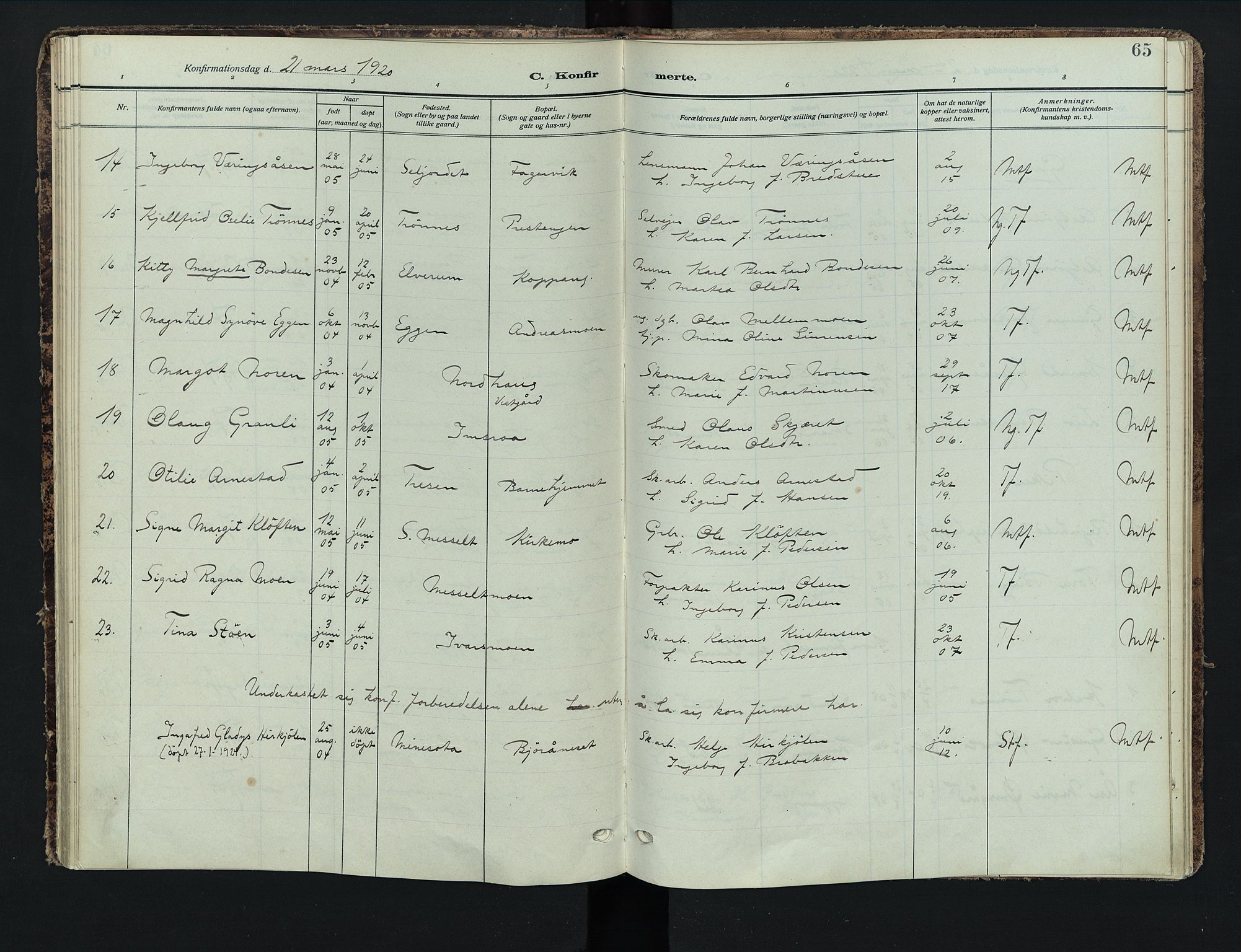 Stor-Elvdal prestekontor, AV/SAH-PREST-052/H/Ha/Haa/L0005: Parish register (official) no. 5, 1908-1924, p. 65