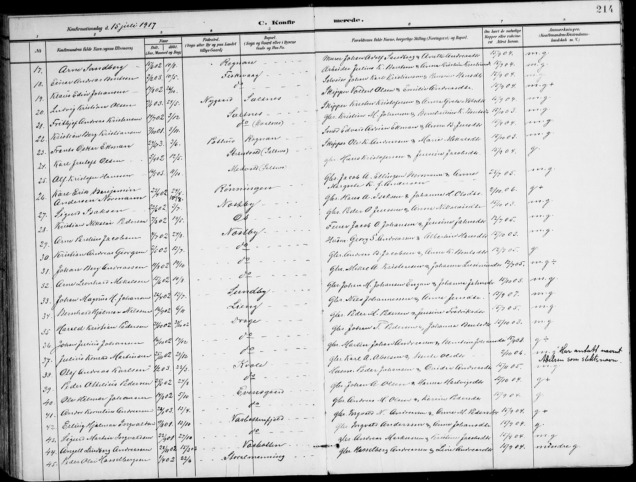 Ministerialprotokoller, klokkerbøker og fødselsregistre - Nordland, AV/SAT-A-1459/847/L0672: Parish register (official) no. 847A12, 1902-1919, p. 214