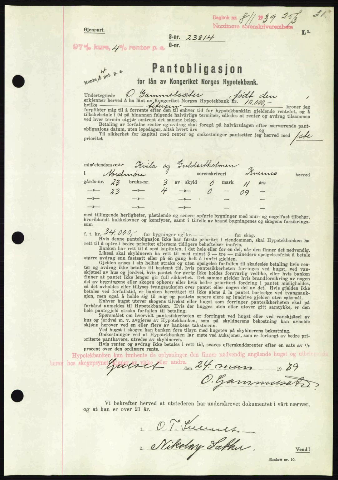 Nordmøre sorenskriveri, AV/SAT-A-4132/1/2/2Ca: Mortgage book no. B85, 1939-1939, Diary no: : 811/1939