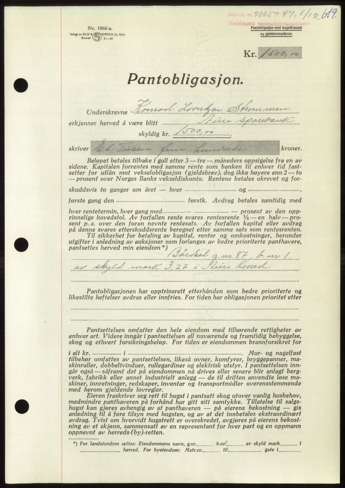 Nordmøre sorenskriveri, AV/SAT-A-4132/1/2/2Ca: Mortgage book no. B97, 1947-1948, Diary no: : 2865/1947