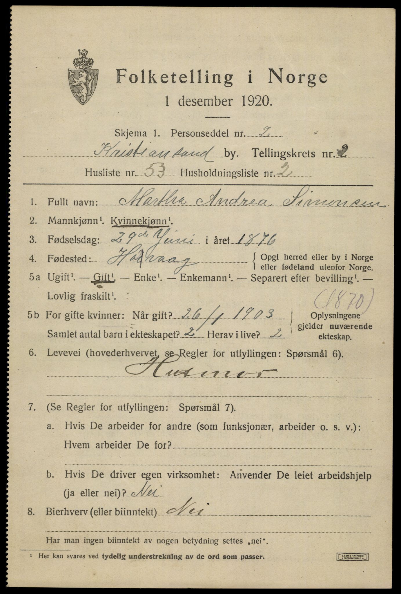 SAK, 1920 census for Kristiansand, 1920, p. 13451