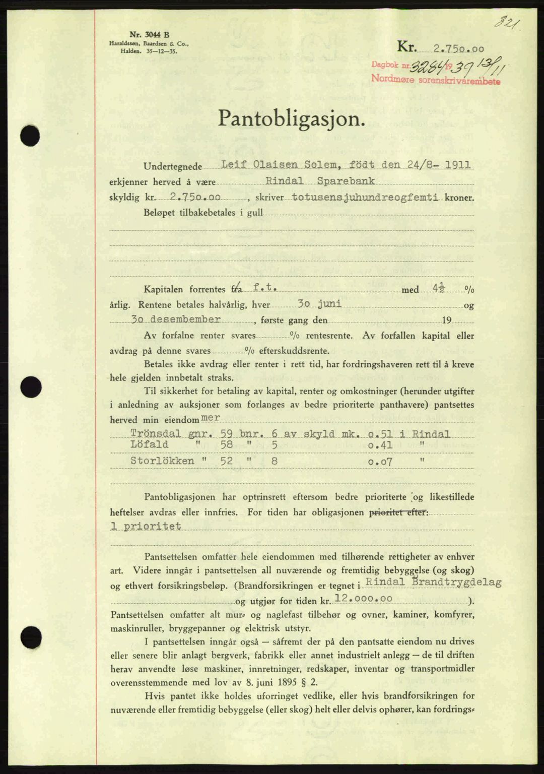 Nordmøre sorenskriveri, AV/SAT-A-4132/1/2/2Ca: Mortgage book no. B86, 1939-1940, Diary no: : 3284/1939