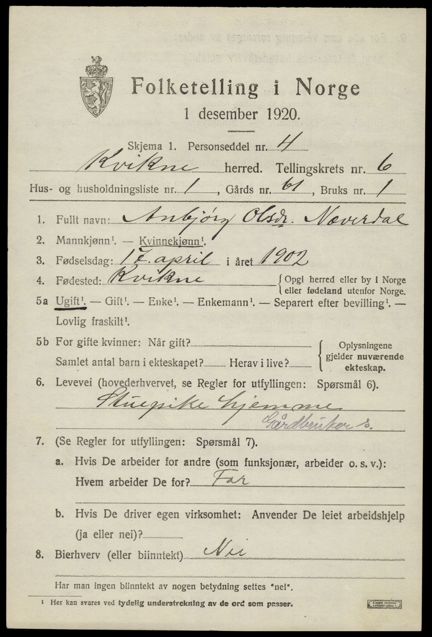 SAH, 1920 census for Kvikne, 1920, p. 2458