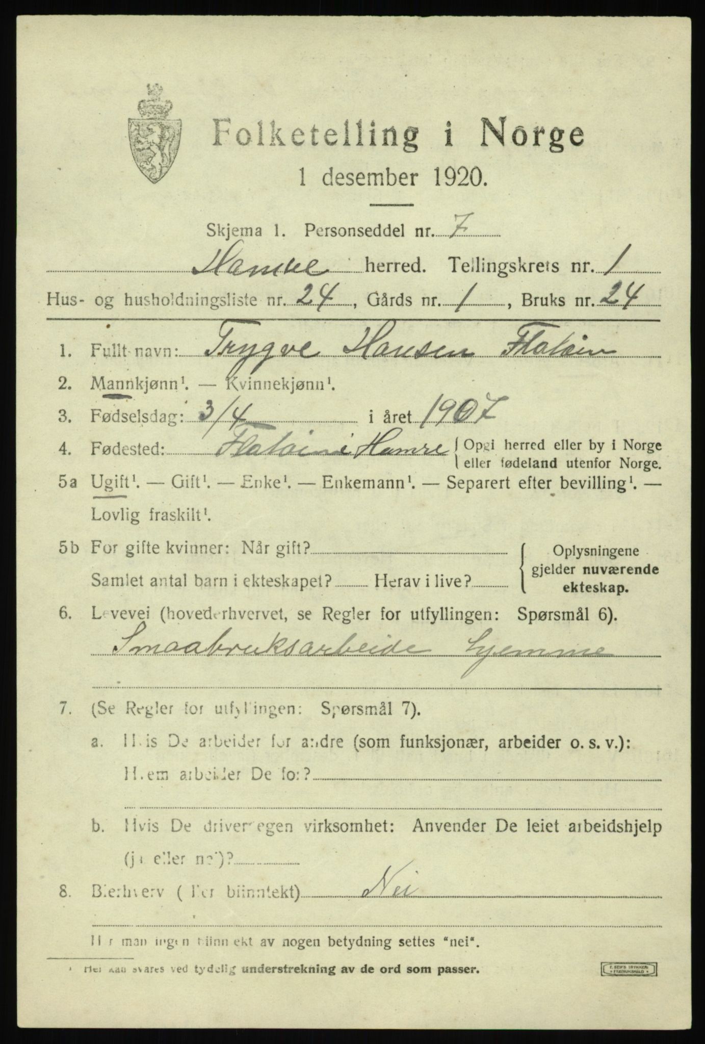 SAB, 1920 census for Hamre, 1920, p. 1255