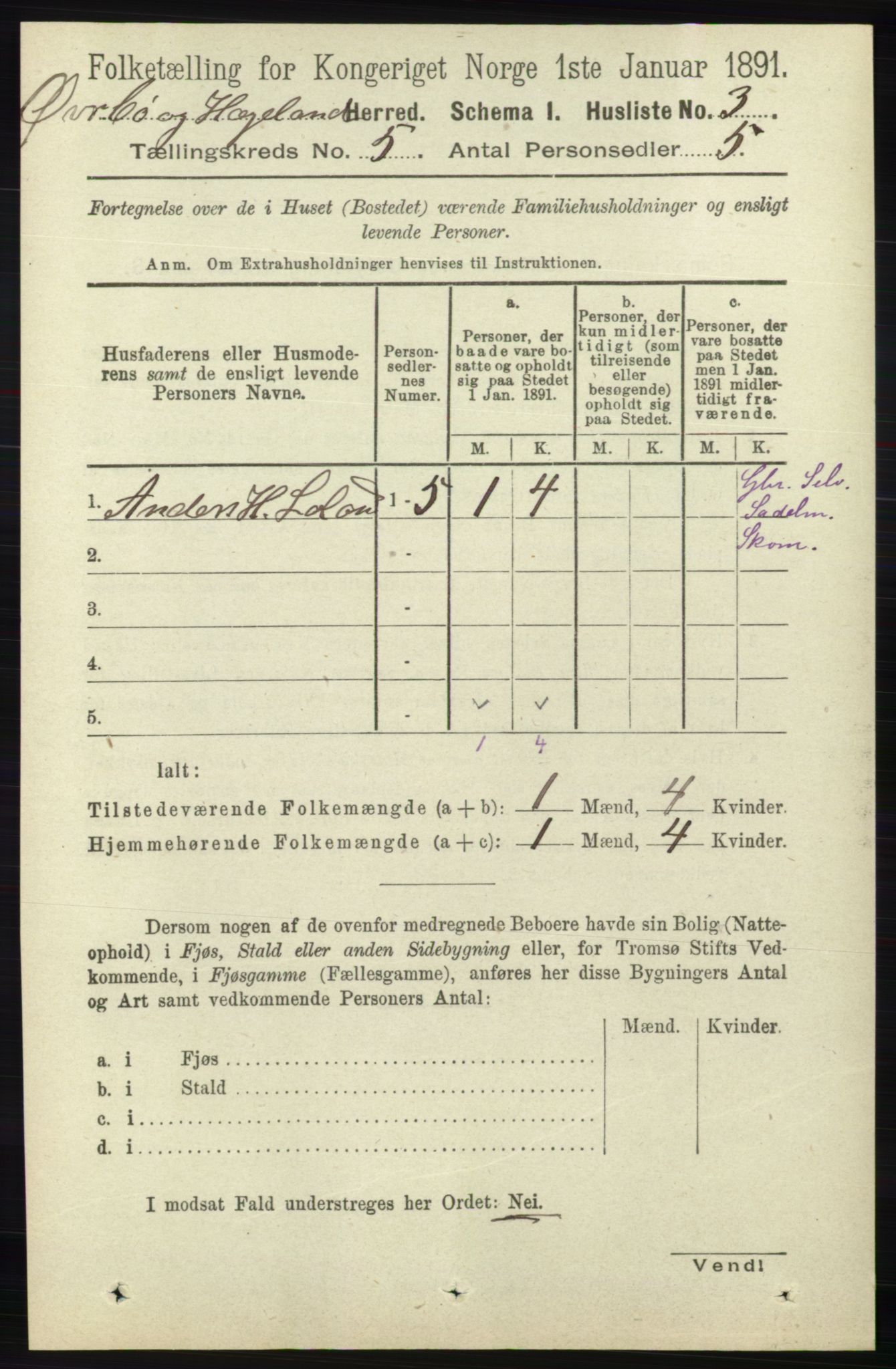 RA, 1891 census for 1016 Øvrebø og Hægeland, 1891, p. 905