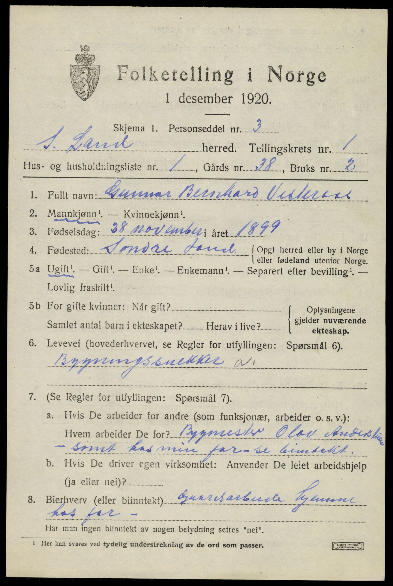 SAH, 1920 census for Søndre Land, 1920, p. 1225