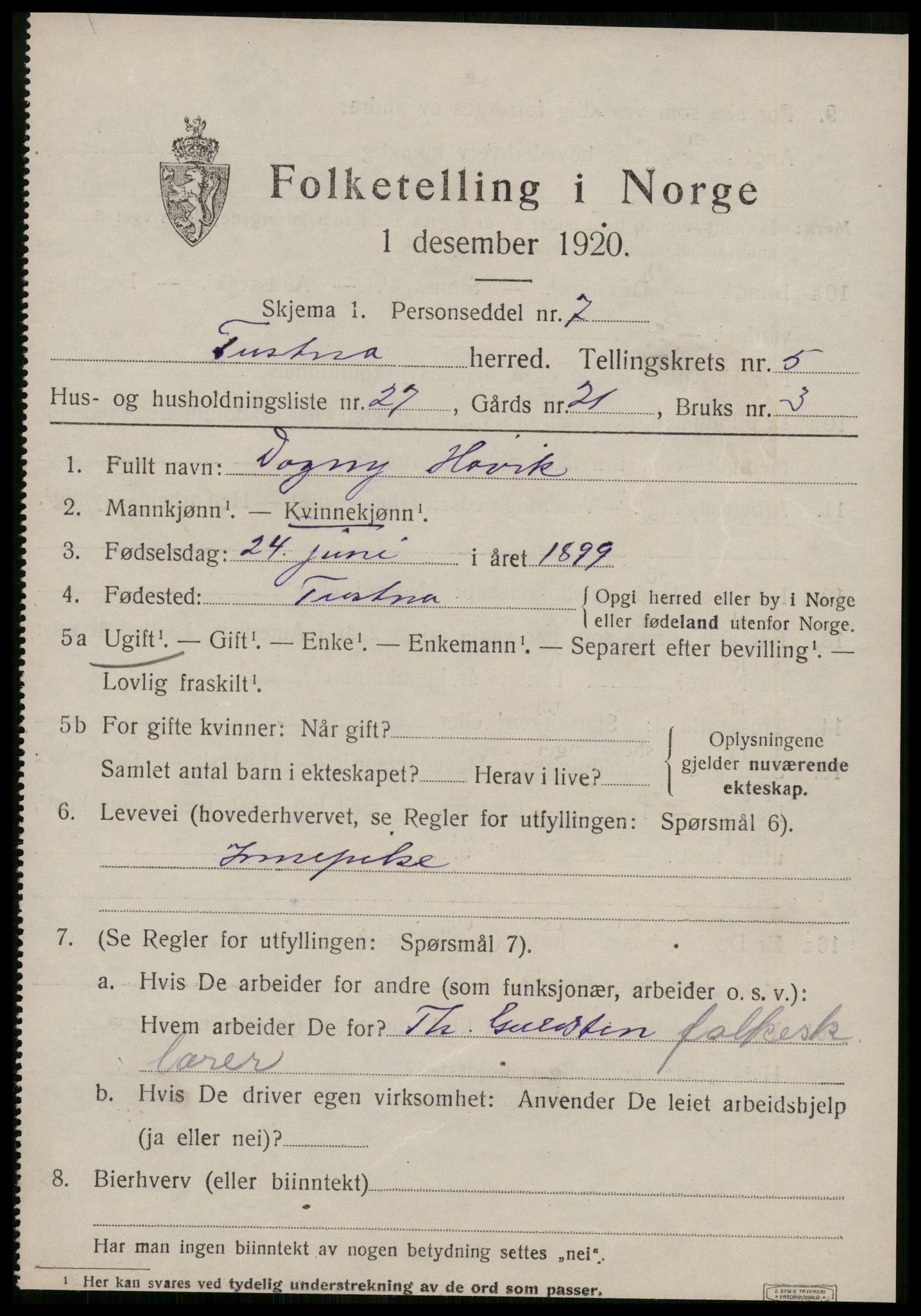 SAT, 1920 census for Tustna, 1920, p. 2675