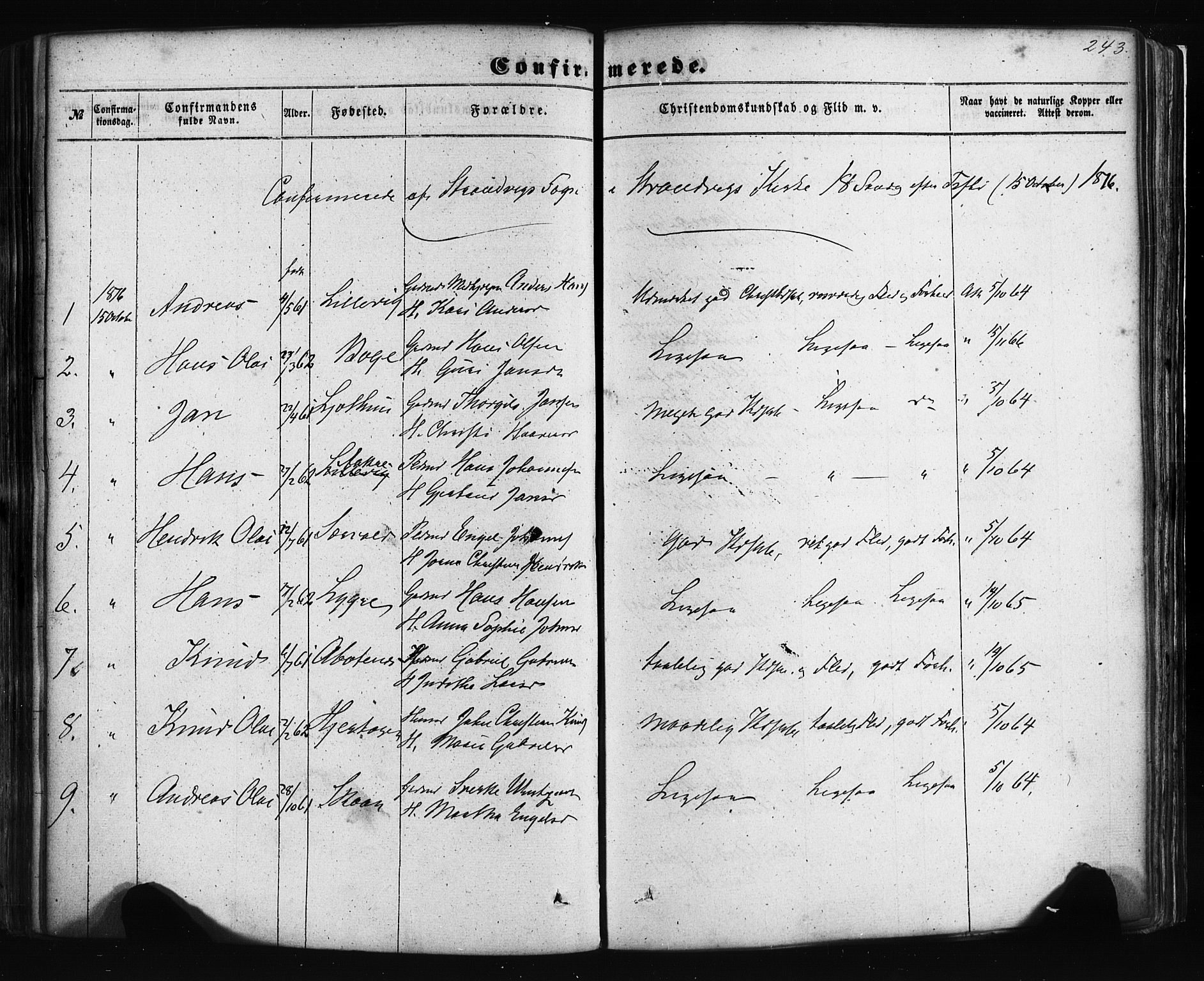 Fusa sokneprestembete, AV/SAB-A-75401/H/Haa: Parish register (official) no. A 1I, 1855-1879, p. 243