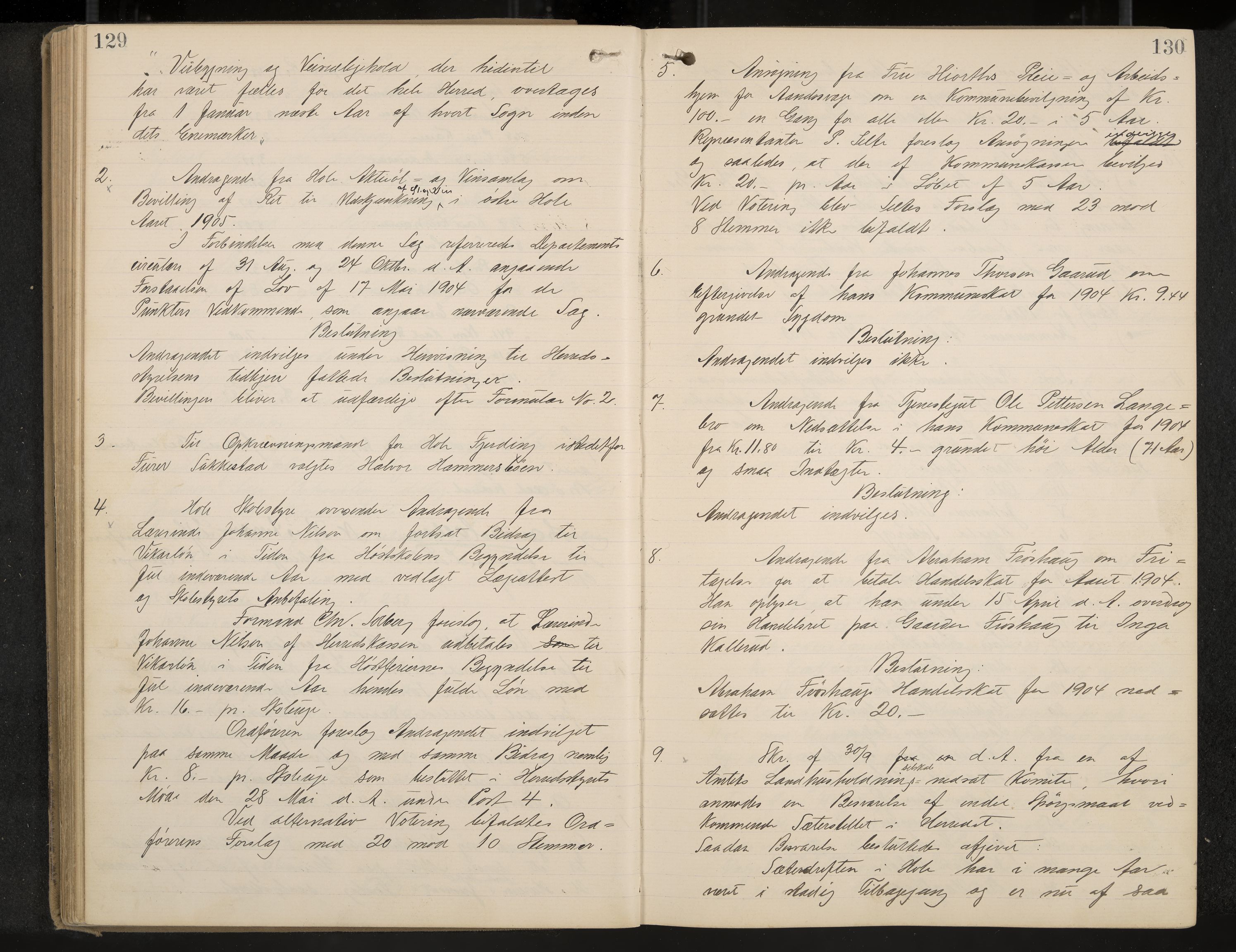 Hole formannskap og sentraladministrasjon, IKAK/0612021-1/A/Aa/L0004: Møtebok med register, 1902-1910, p. 129-130