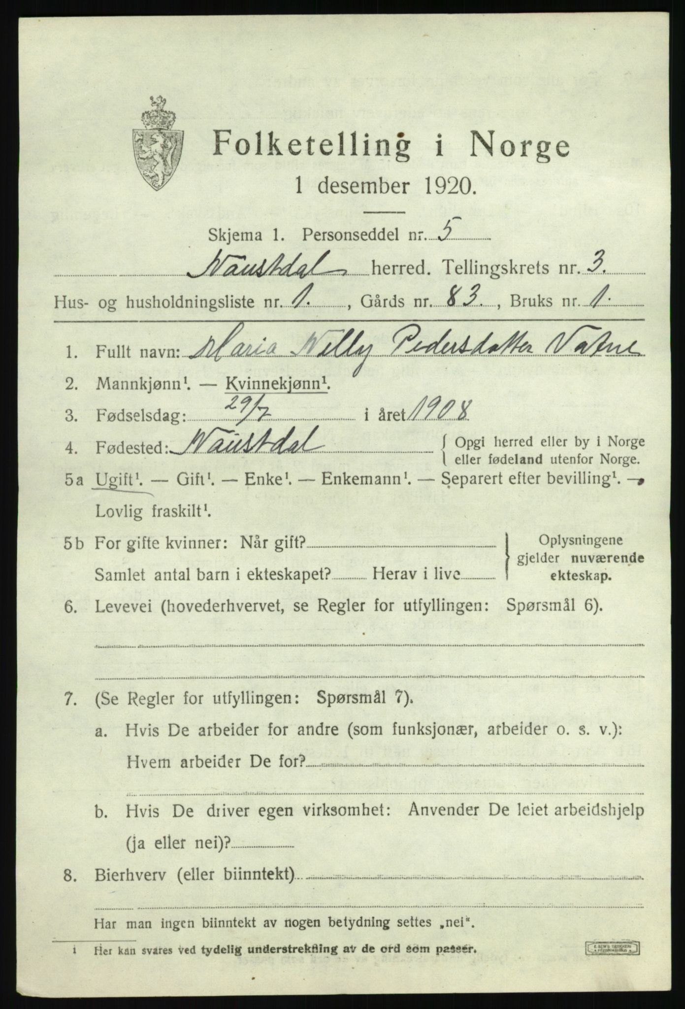 SAB, 1920 census for Naustdal, 1920, p. 1723