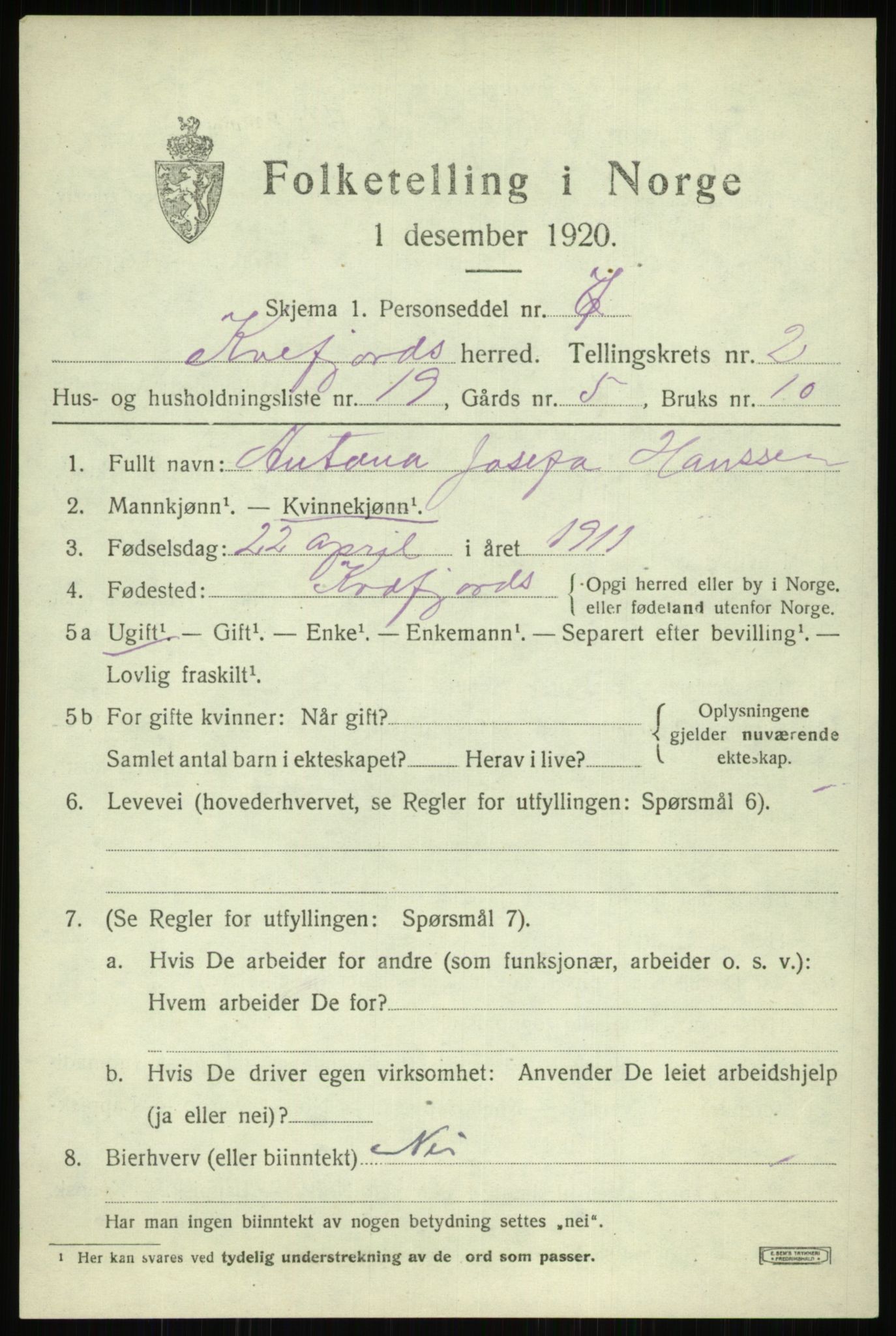 SATØ, 1920 census for Kvæfjord, 1920, p. 1709