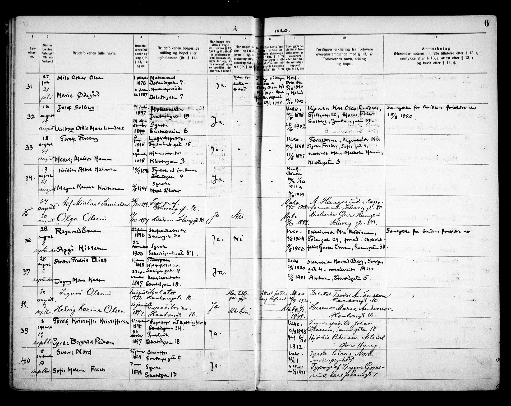 Vålerengen prestekontor Kirkebøker, AV/SAO-A-10878/H/Ha/L0003: Banns register no. 3, 1919-1932, p. 6