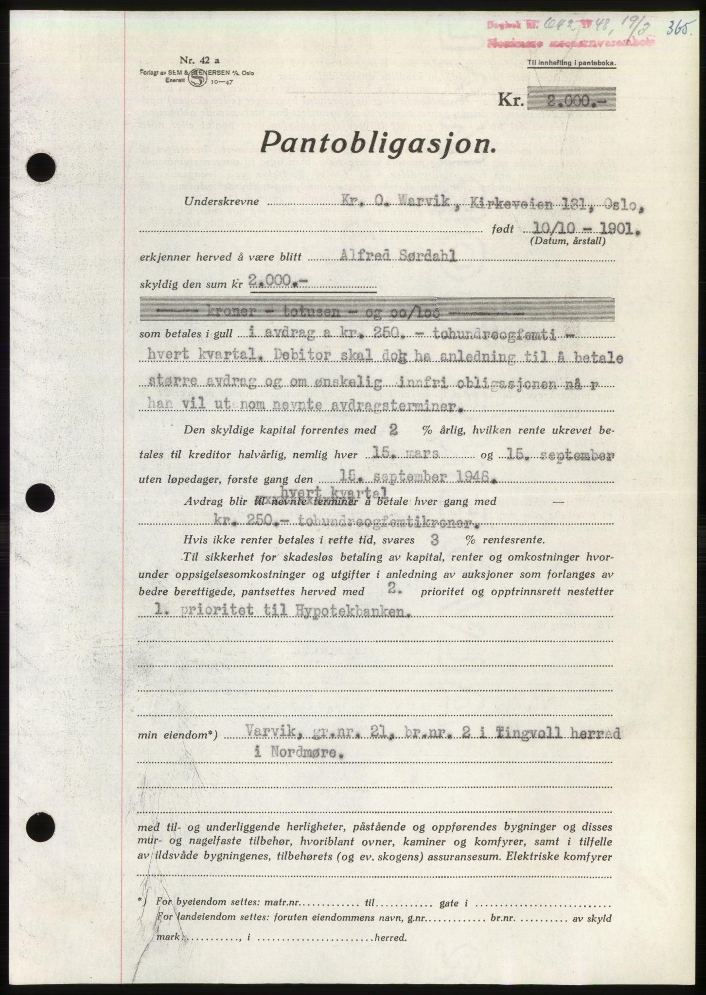 Nordmøre sorenskriveri, AV/SAT-A-4132/1/2/2Ca: Mortgage book no. B98, 1948-1948, Diary no: : 642/1948