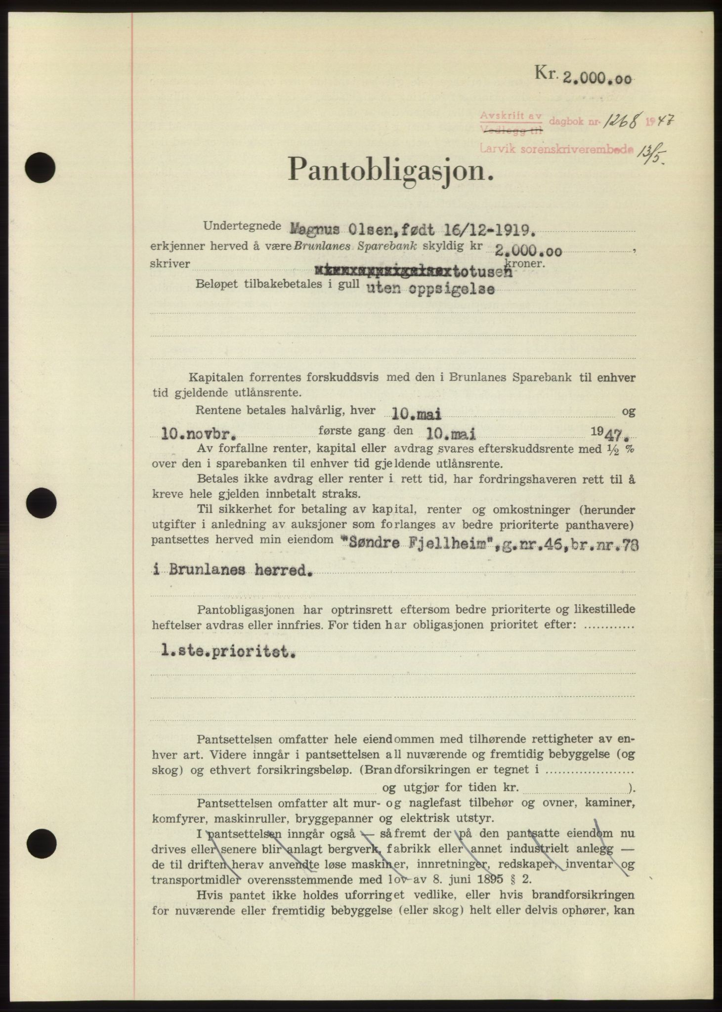 Larvik sorenskriveri, AV/SAKO-A-83/G/Ga/Gac/L0012: Mortgage book no. B-12, 1947-1947, Diary no: : 1268/1947