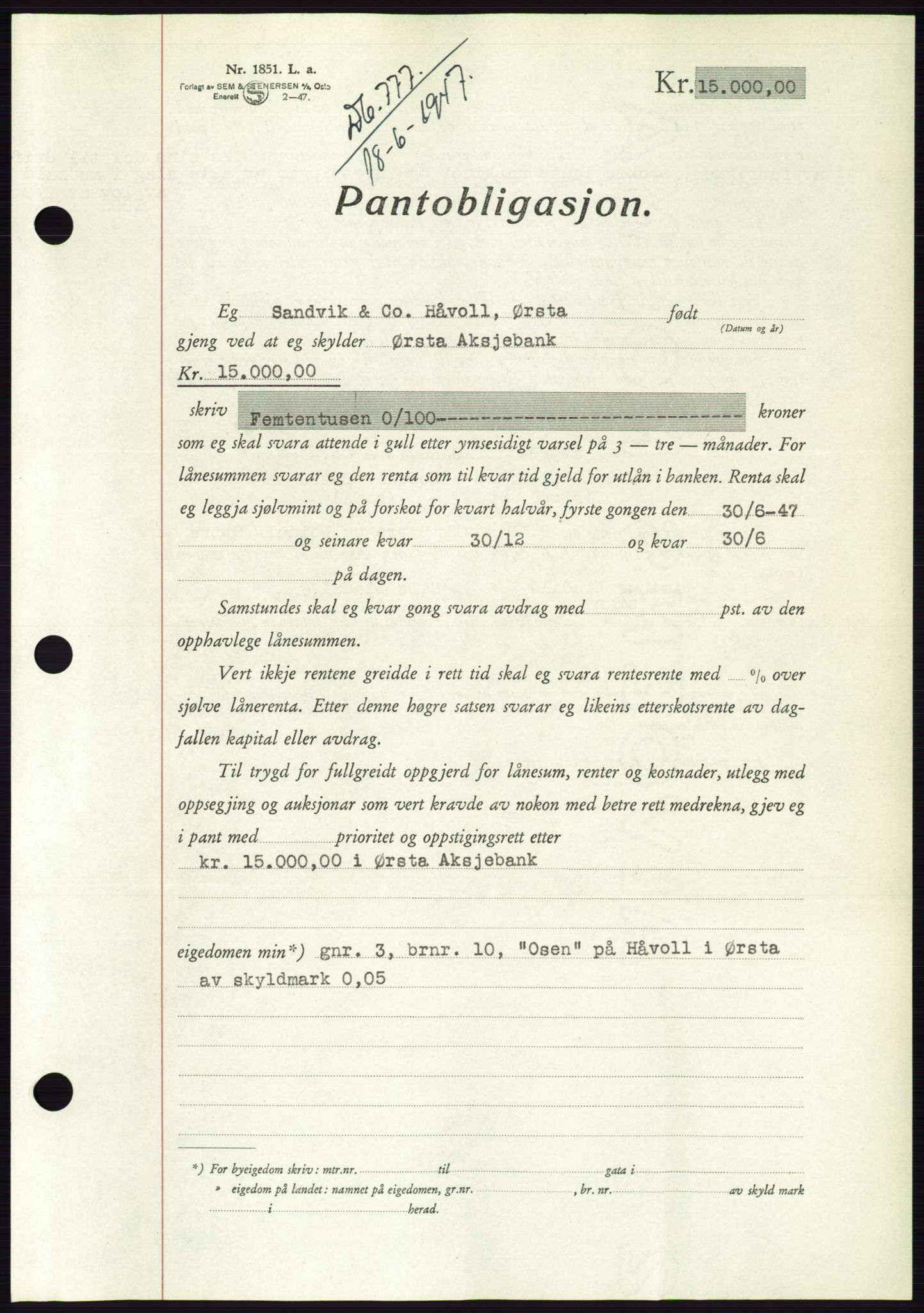 Søre Sunnmøre sorenskriveri, AV/SAT-A-4122/1/2/2C/L0115: Mortgage book no. 3B, 1947-1948, Diary no: : 777/1947