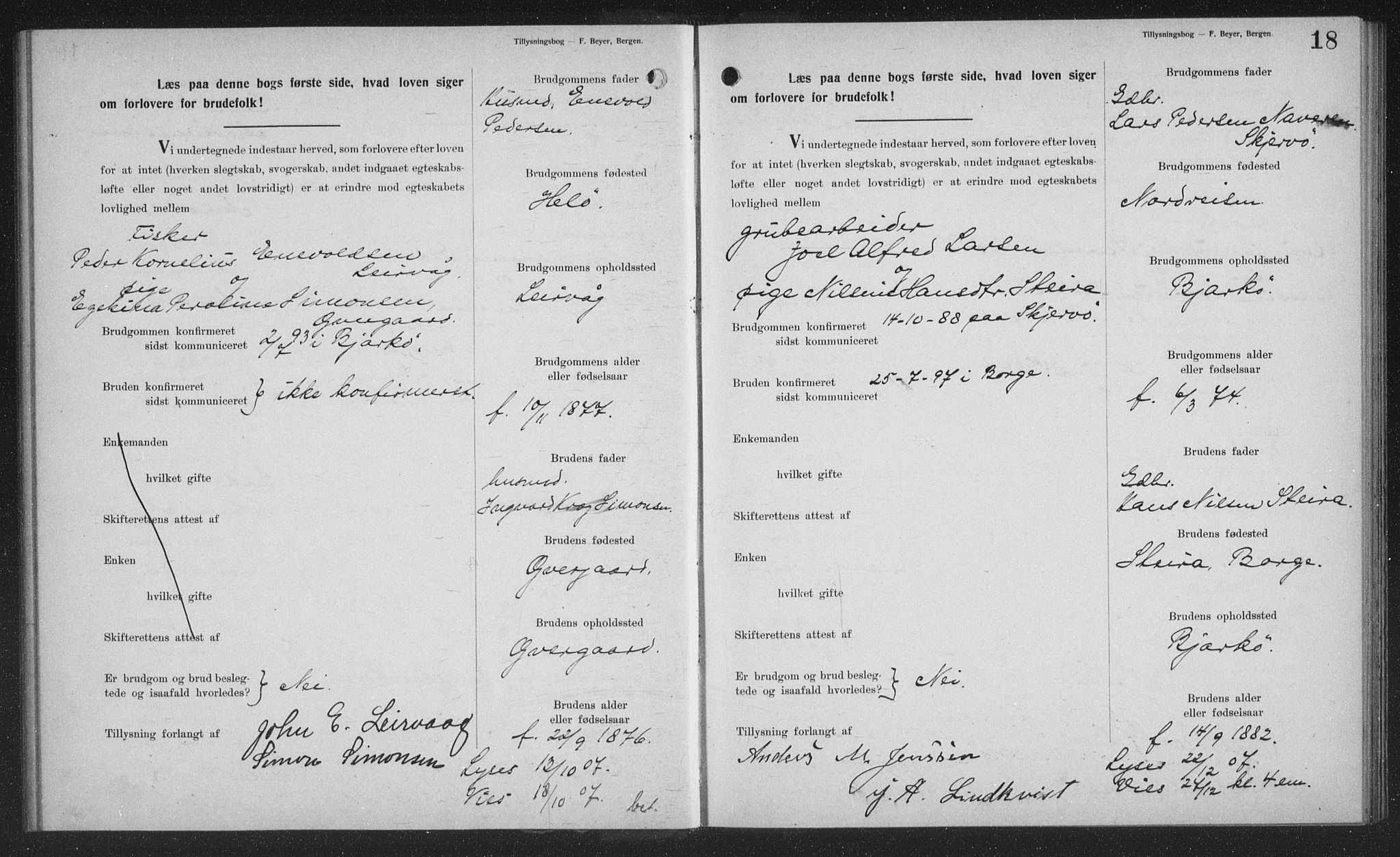 Sand/Bjarkøy sokneprestkontor, SATØ/S-0811/J/Jb/L0024: Banns register no. 24, 1905-1917, p. 18