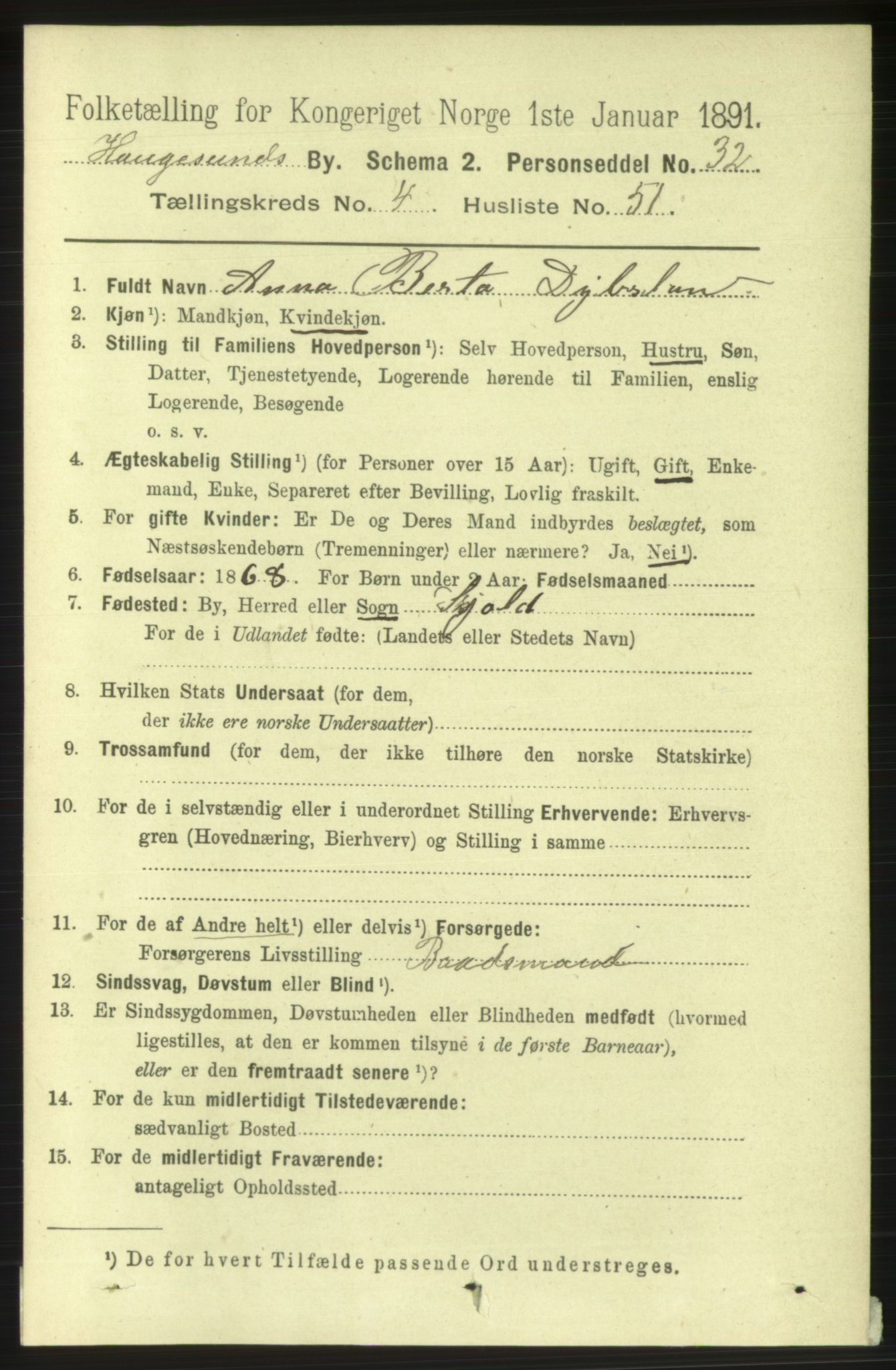 RA, 1891 census for 1106 Haugesund, 1891, p. 1930