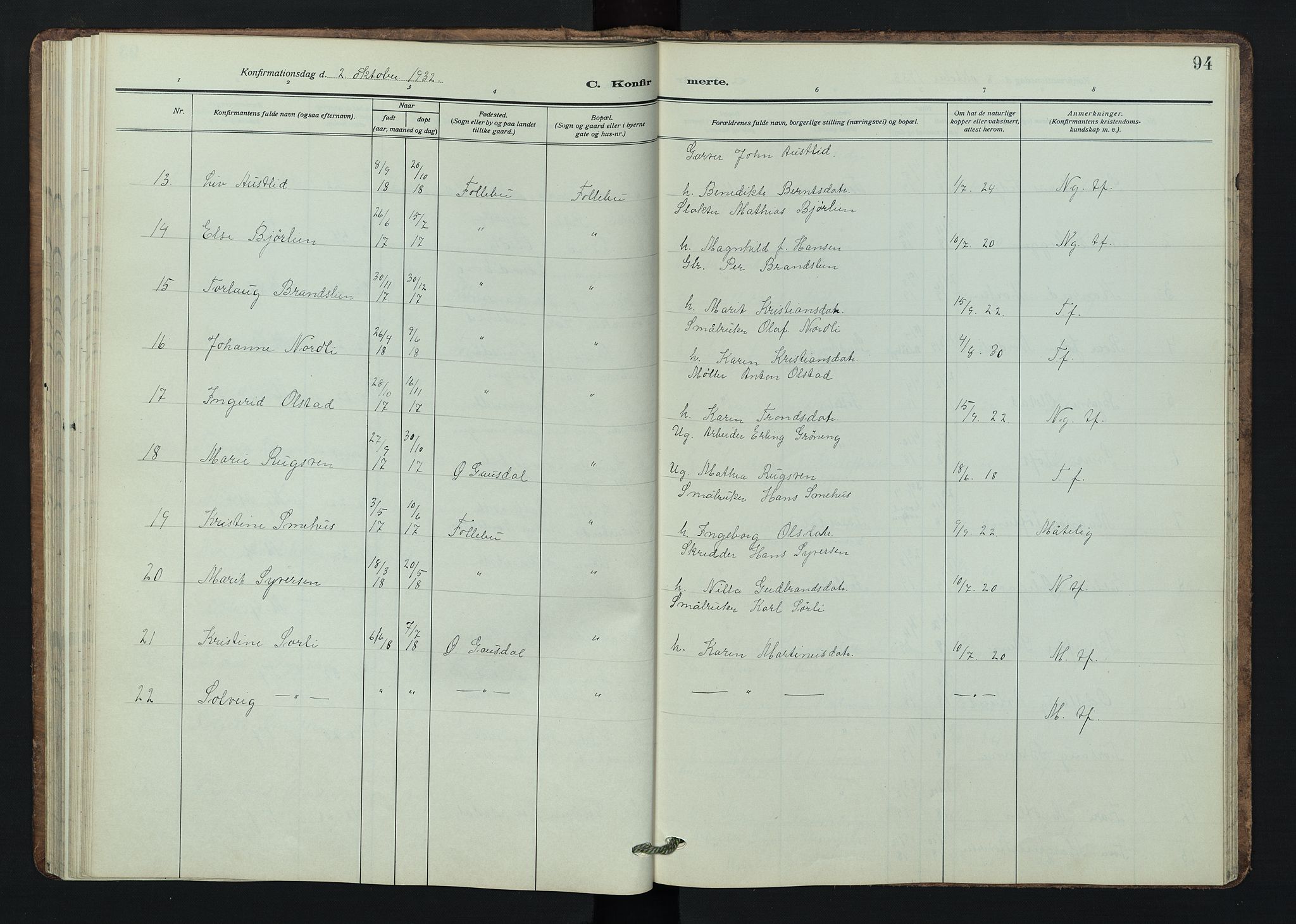 Østre Gausdal prestekontor, SAH/PREST-092/H/Ha/Hab/L0005: Parish register (copy) no. 5, 1915-1944, p. 94