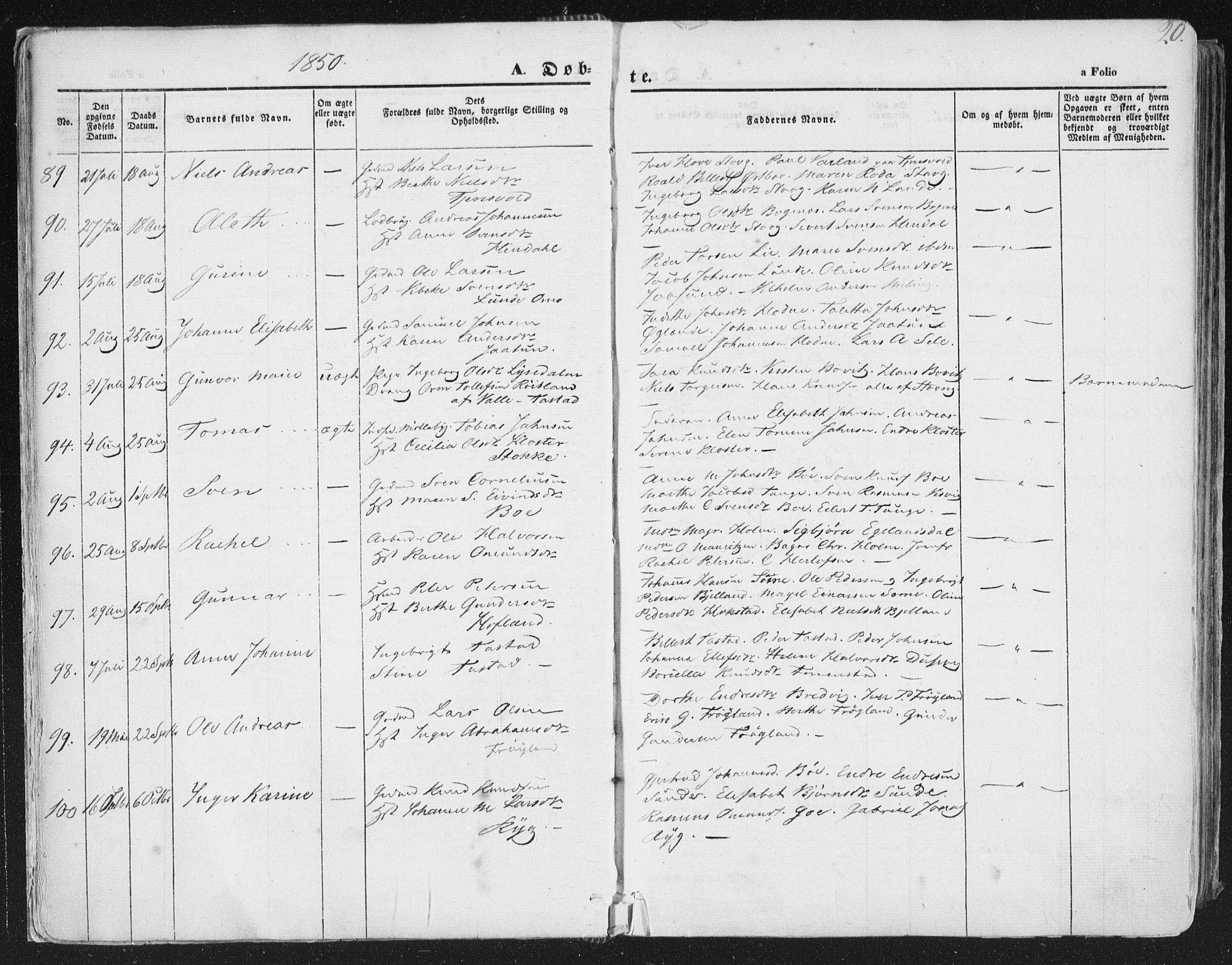 Hetland sokneprestkontor, AV/SAST-A-101826/30/30BA/L0002: Parish register (official) no. A 2, 1849-1869, p. 20