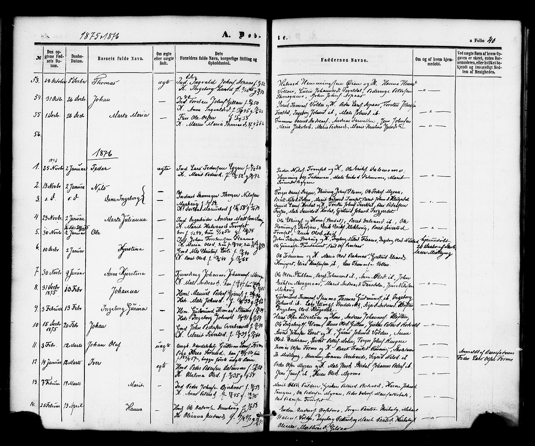 Ministerialprotokoller, klokkerbøker og fødselsregistre - Nord-Trøndelag, SAT/A-1458/706/L0041: Parish register (official) no. 706A02, 1862-1877, p. 40