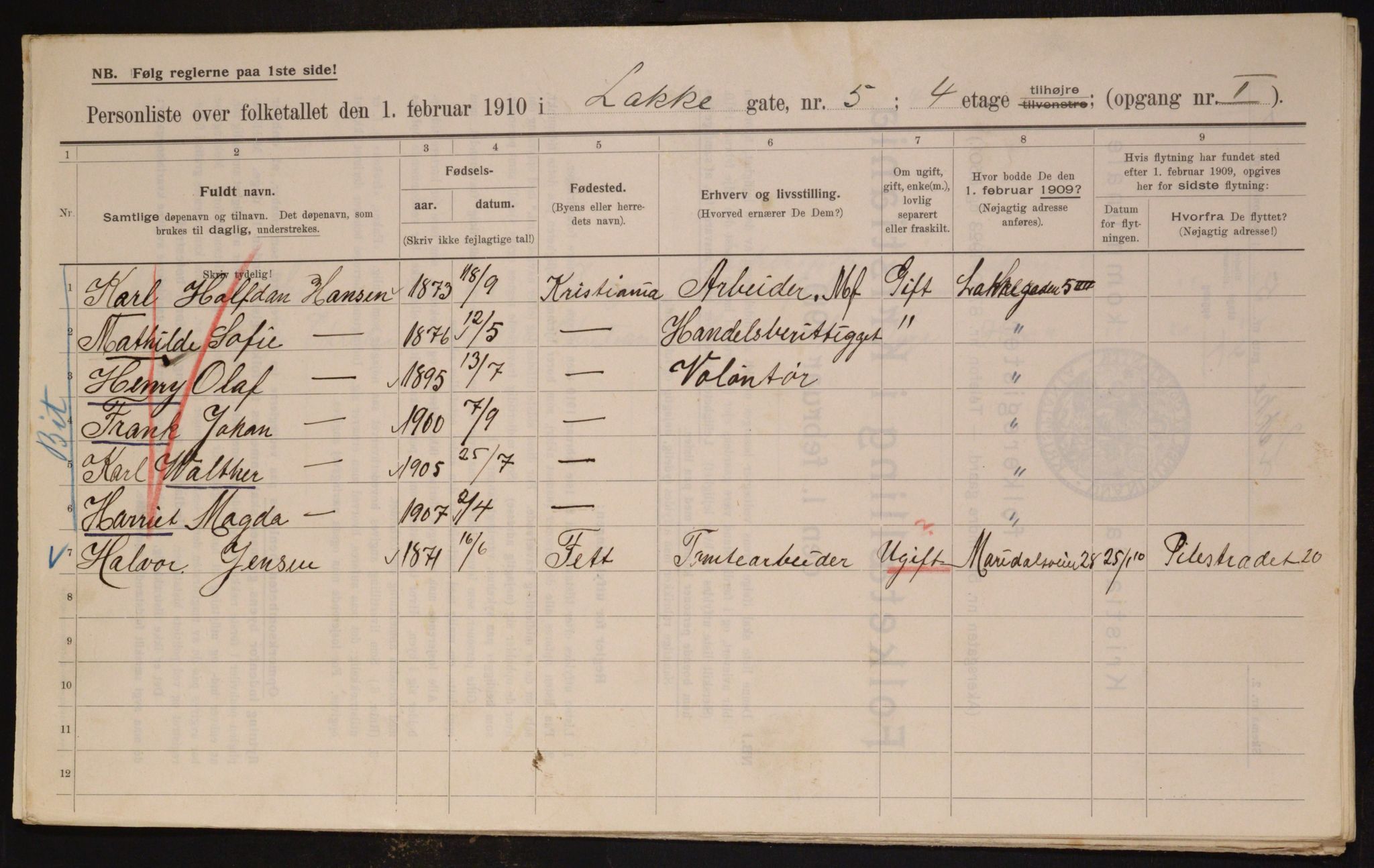 OBA, Municipal Census 1910 for Kristiania, 1910, p. 53374