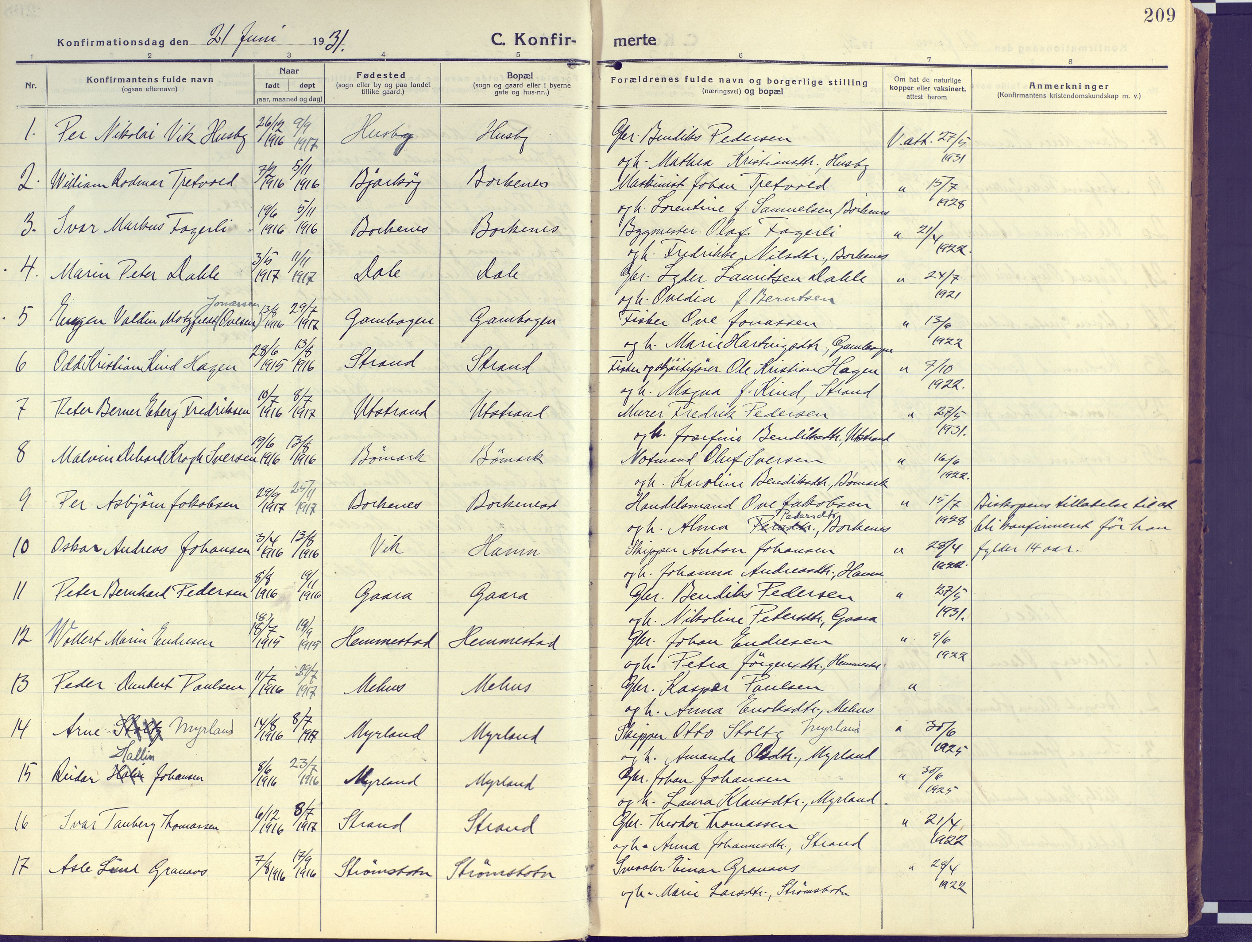 Kvæfjord sokneprestkontor, AV/SATØ-S-1323/G/Ga/Gaa/L0007kirke: Parish register (official) no. 7, 1915-1931, p. 209
