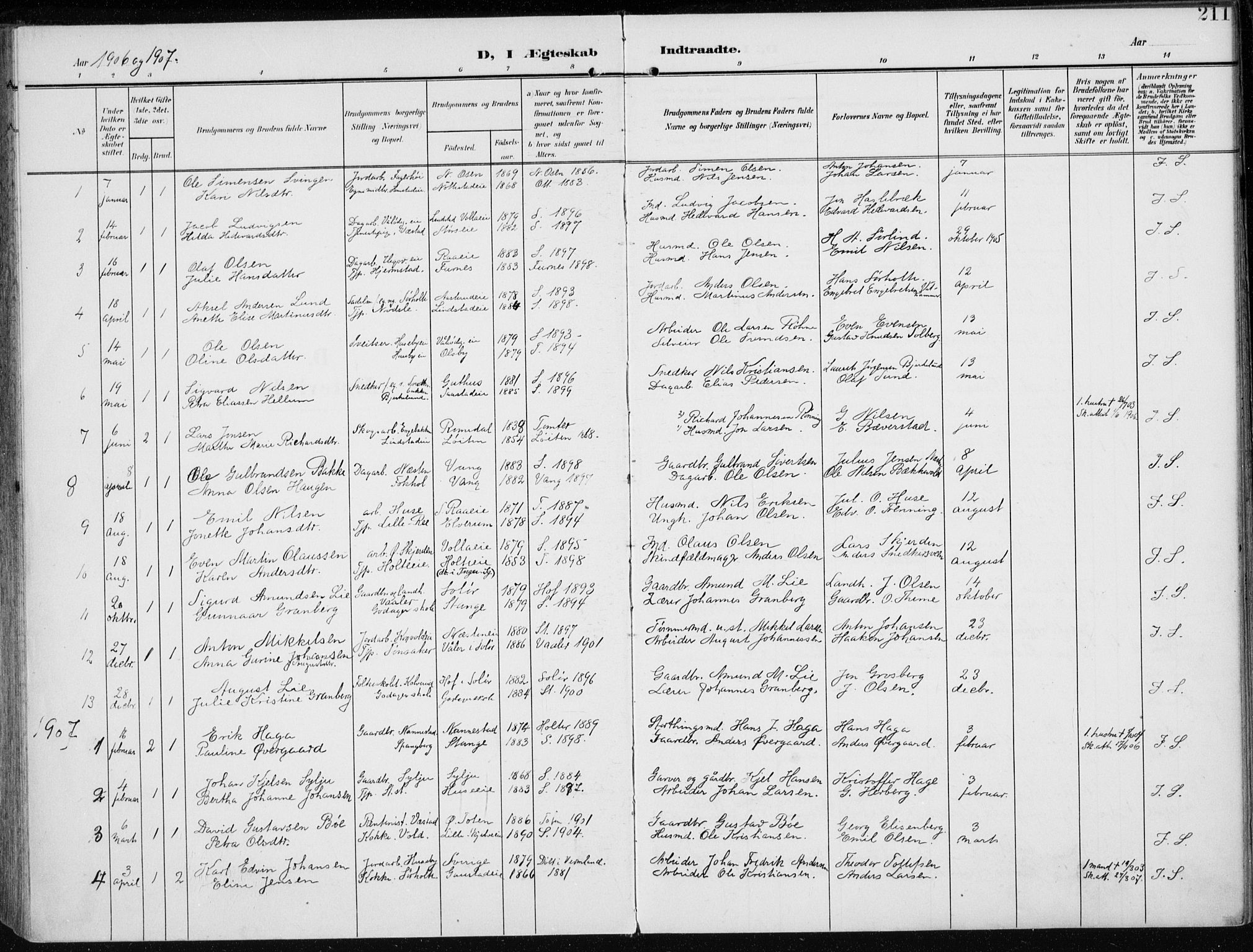 Stange prestekontor, AV/SAH-PREST-002/K/L0024: Parish register (official) no. 24, 1906-1922, p. 211