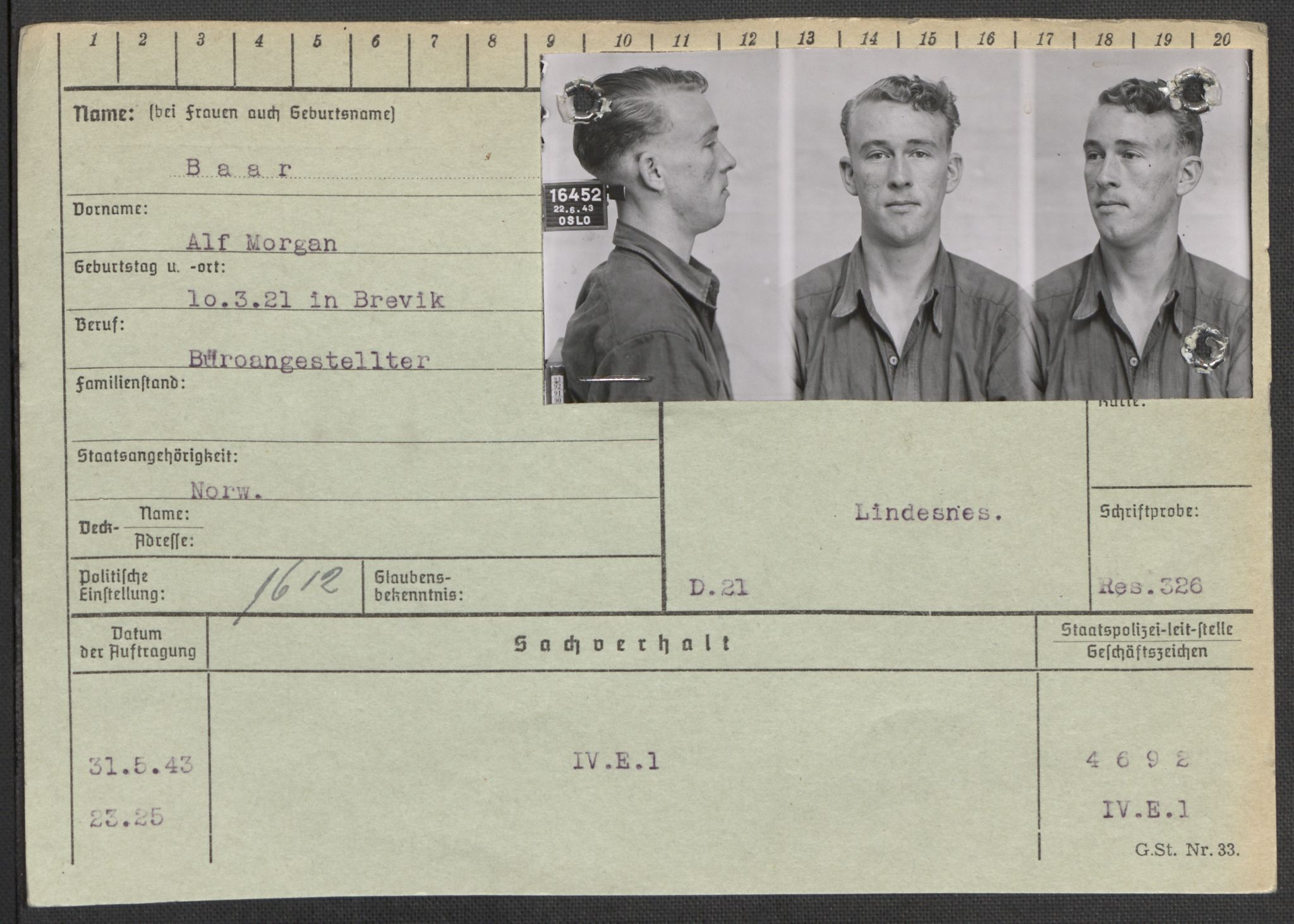 Befehlshaber der Sicherheitspolizei und des SD, RA/RAFA-5969/E/Ea/Eaa/L0002: Register over norske fanger i Møllergata 19: Bj-Eng, 1940-1945, p. 639