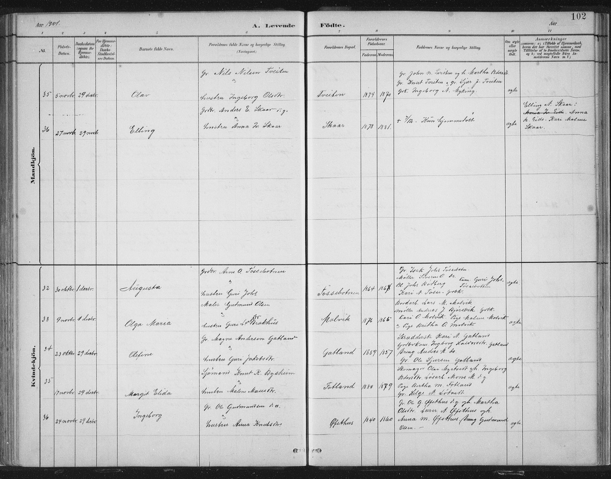 Hosanger sokneprestembete, SAB/A-75801/H/Hab: Parish register (copy) no. A 3 I, 1882-1903, p. 102