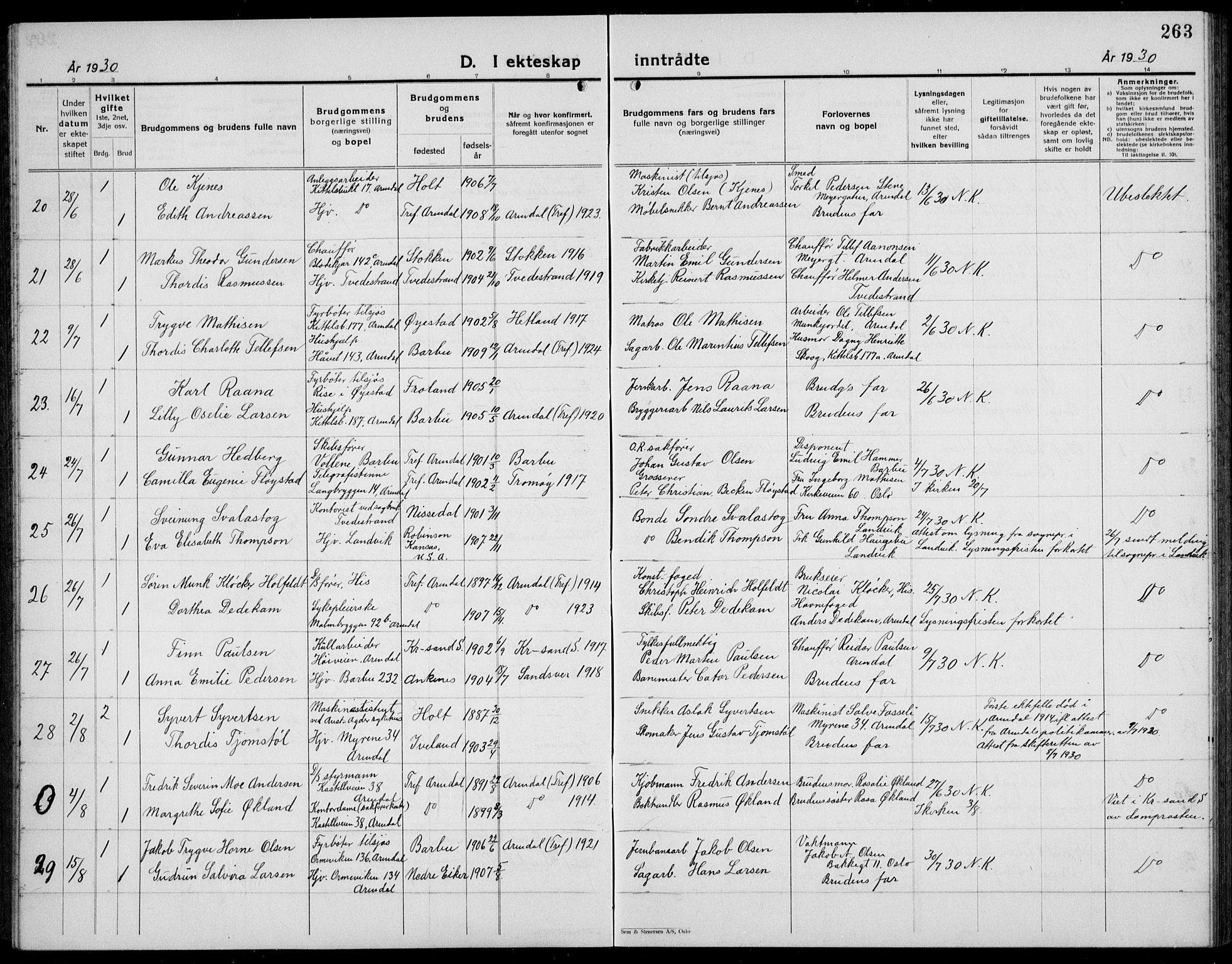 Arendal sokneprestkontor, Trefoldighet, SAK/1111-0040/F/Fb/L0008: Parish register (copy) no. B 8, 1928-1939, p. 263