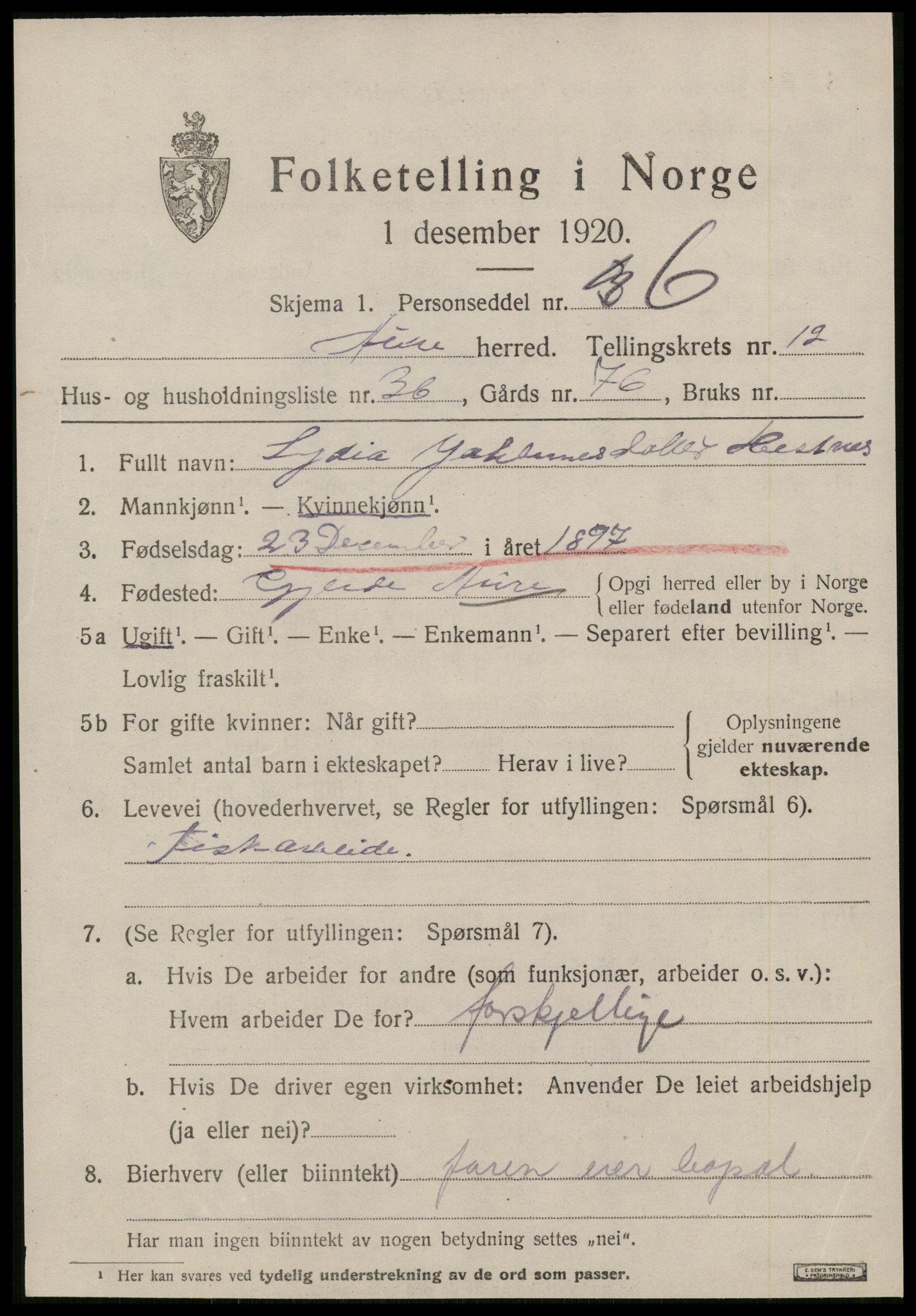 SAT, 1920 census for Aure, 1920, p. 4936