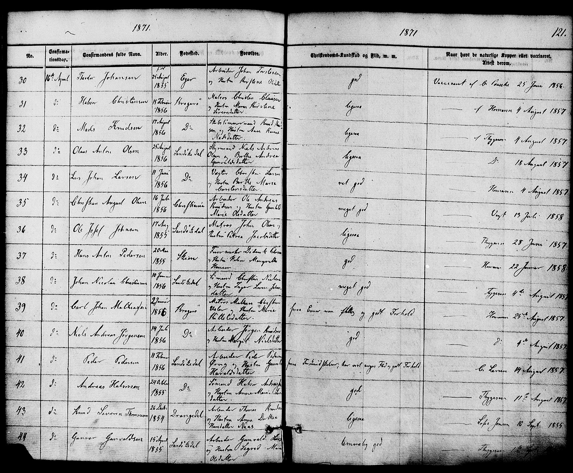 Kragerø kirkebøker, AV/SAKO-A-278/F/Fa/L0008: Parish register (official) no. 8, 1856-1880, p. 121