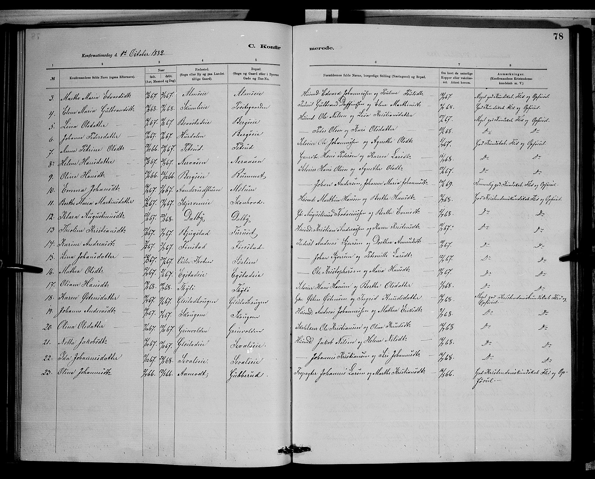 Vardal prestekontor, SAH/PREST-100/H/Ha/Hab/L0008: Parish register (copy) no. 8, 1881-1898, p. 78