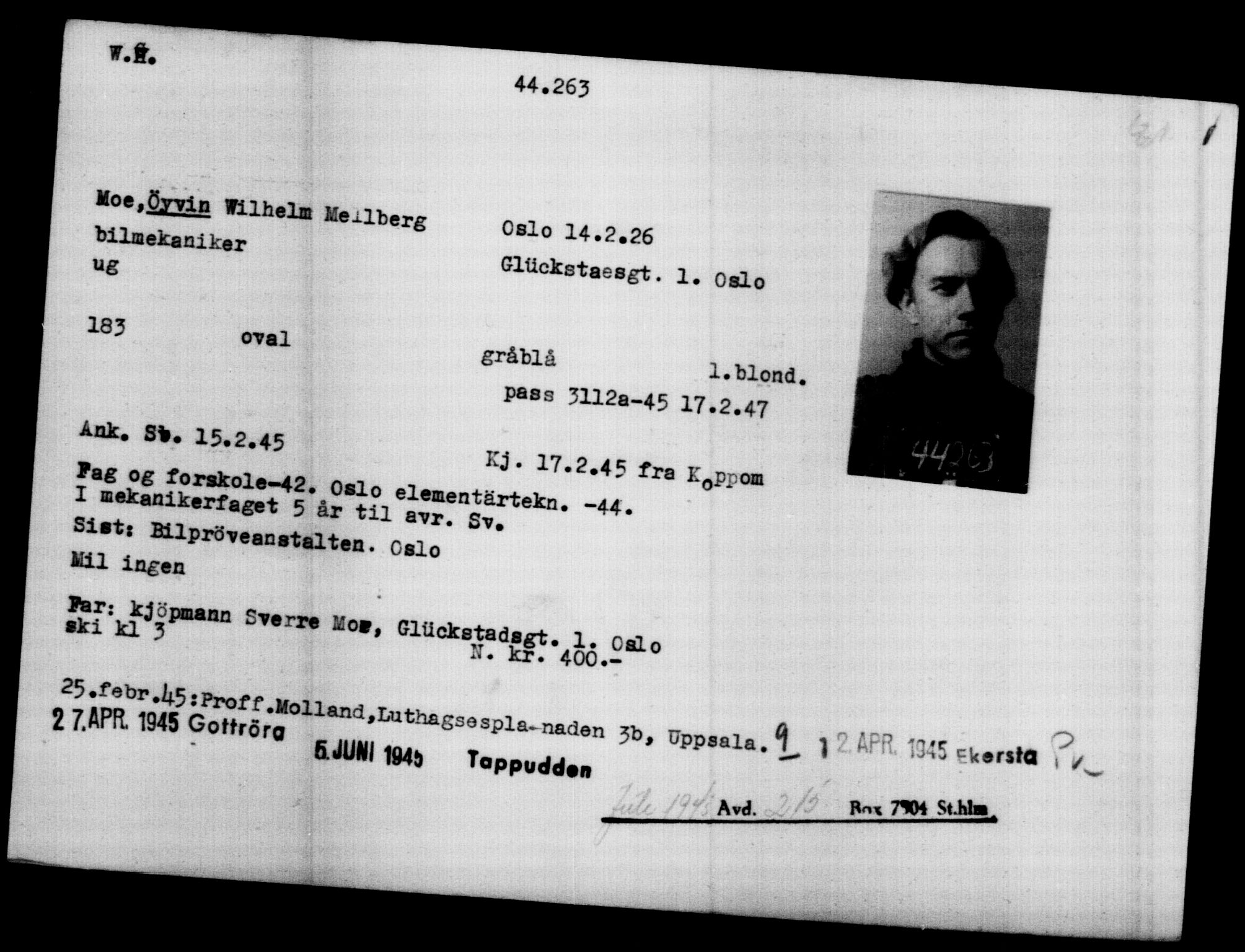 Utenriksstasjonene, Legasjonen i Stockholm, Flyktningkontoret, AV/RA-S-6753/V/Va/L0017: Kjesäterkartoteket, flyktninger med registreringsnr. 43400-46318, 1940-1945, p. 905