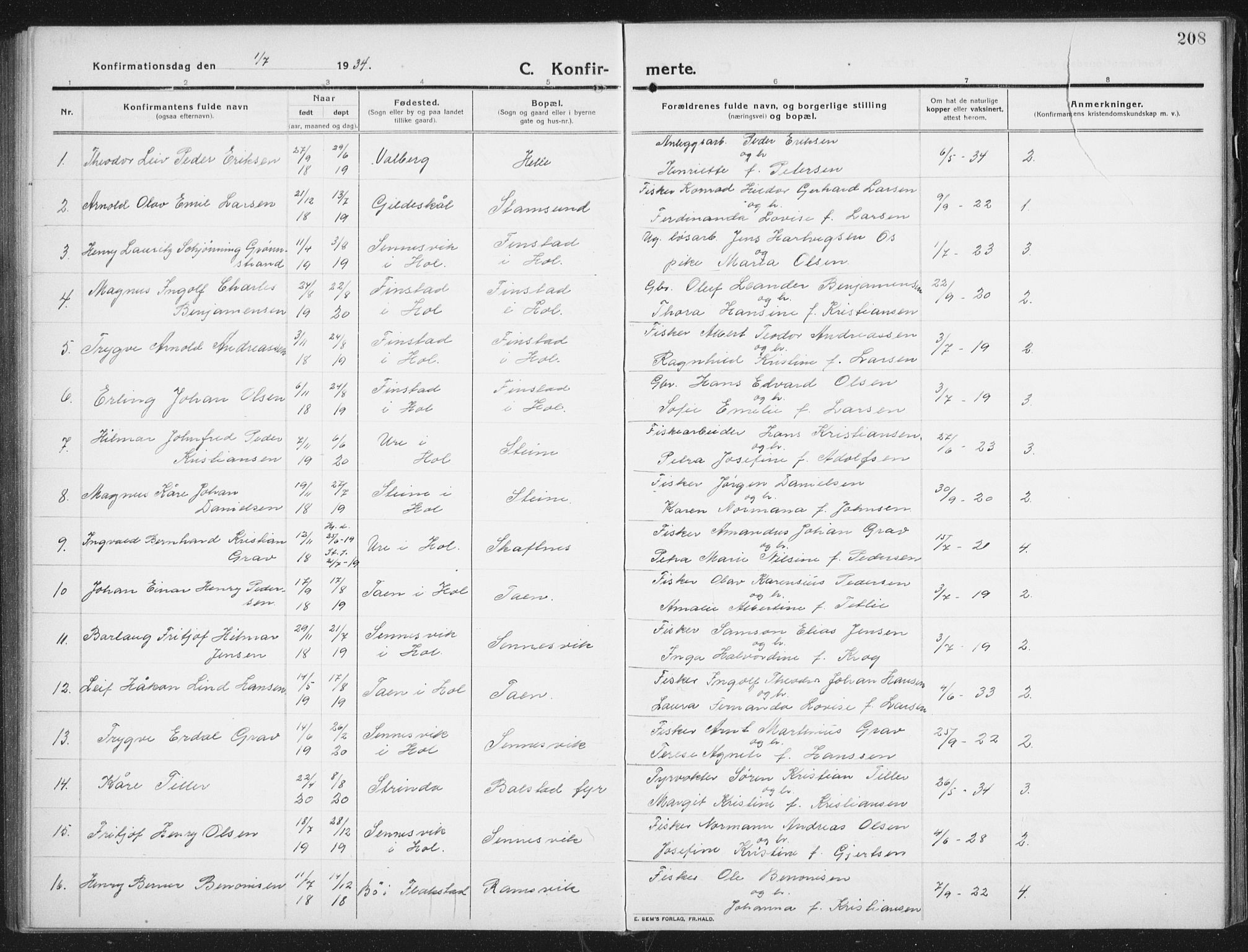 Ministerialprotokoller, klokkerbøker og fødselsregistre - Nordland, AV/SAT-A-1459/882/L1183: Parish register (copy) no. 882C01, 1911-1938, p. 208