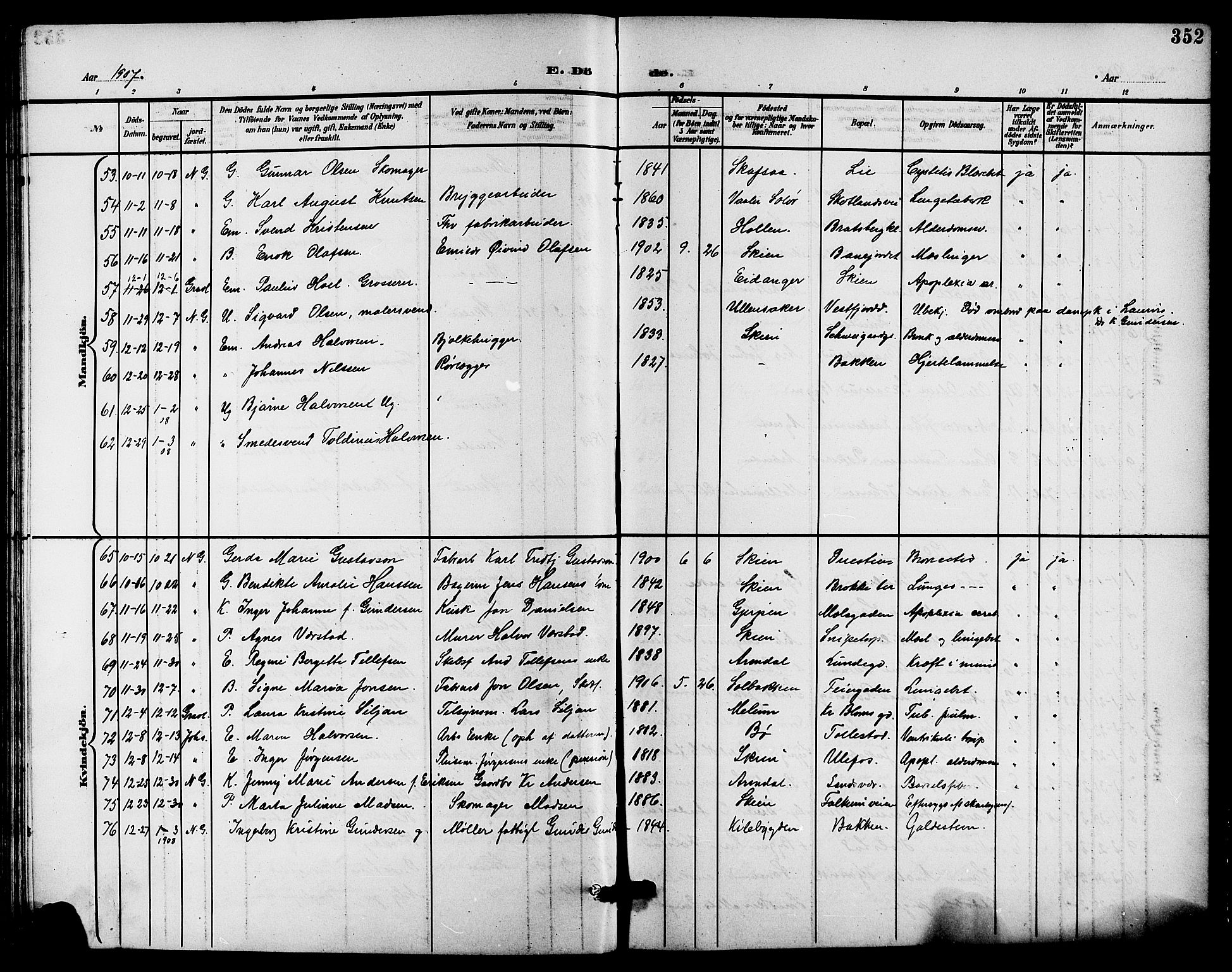 Skien kirkebøker, SAKO/A-302/G/Ga/L0008: Parish register (copy) no. 8, 1900-1910, p. 352