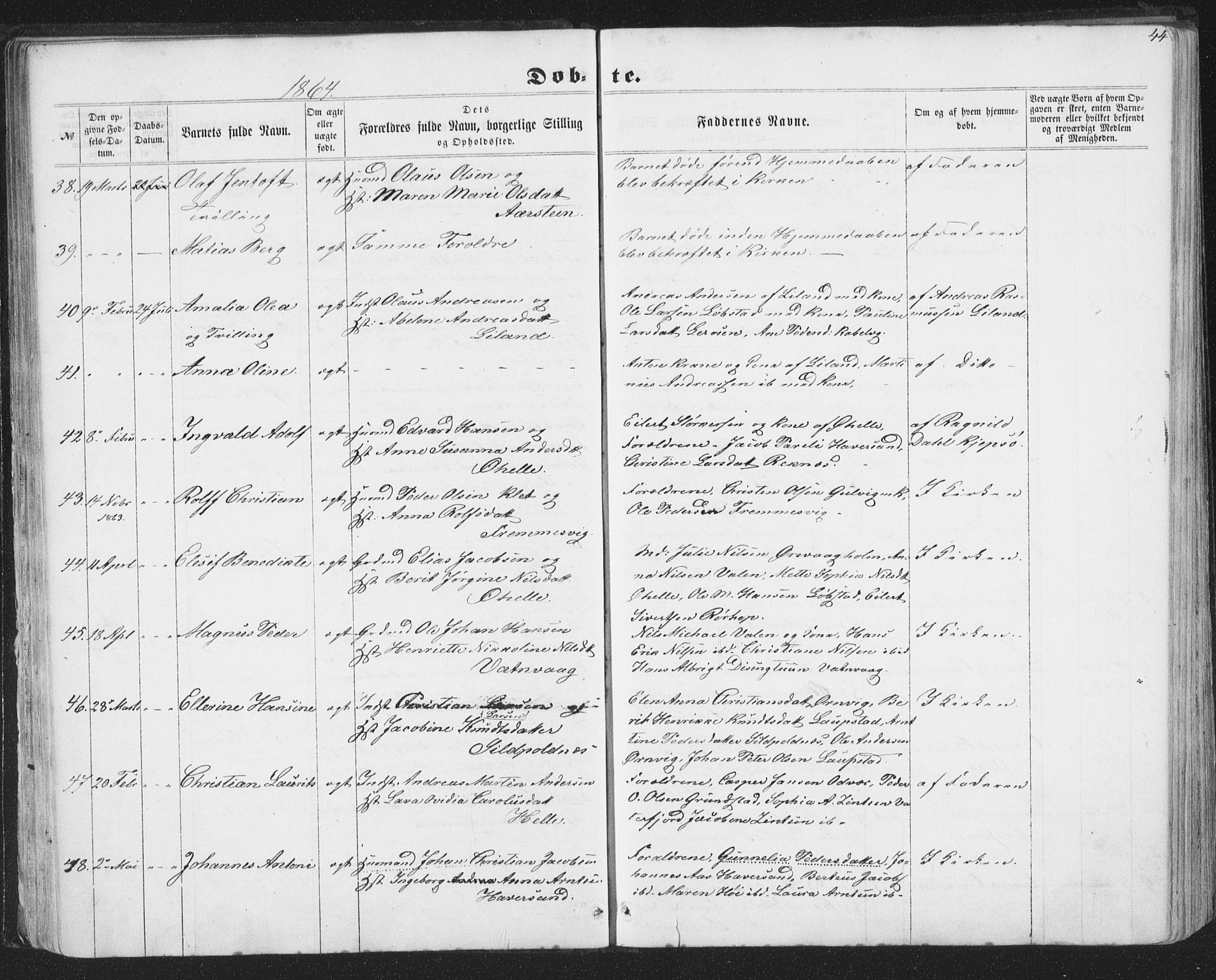 Ministerialprotokoller, klokkerbøker og fødselsregistre - Nordland, AV/SAT-A-1459/874/L1073: Parish register (copy) no. 874C02, 1860-1870, p. 44