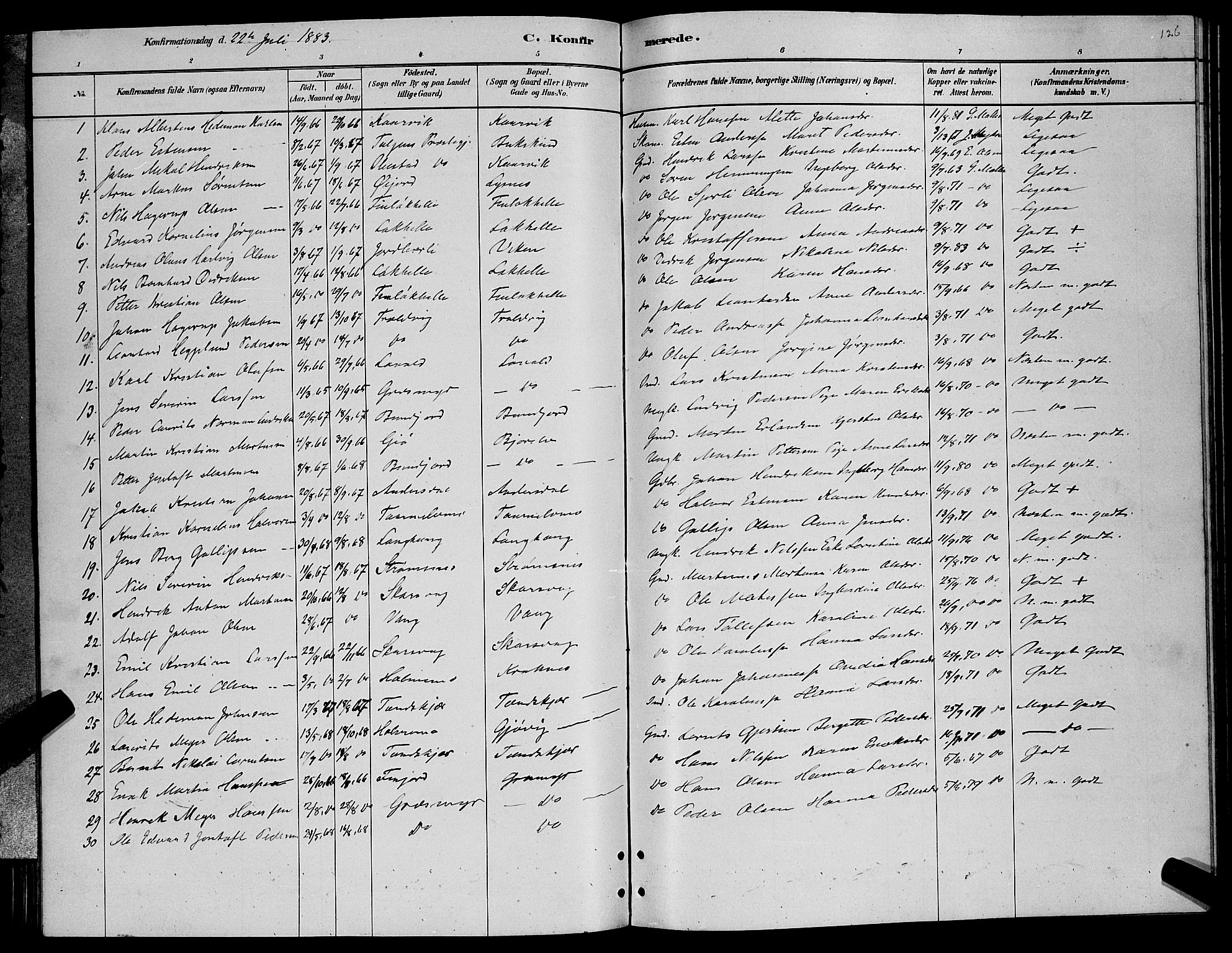 Lenvik sokneprestembete, SATØ/S-1310/H/Ha/Hab/L0006klokker: Parish register (copy) no. 6, 1881-1889, p. 126