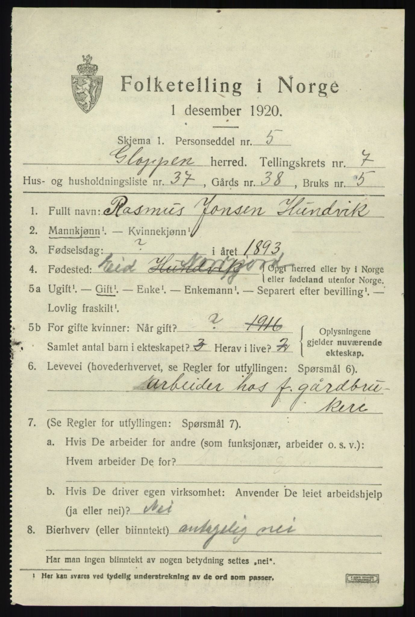 SAB, 1920 census for Gloppen, 1920, p. 4550